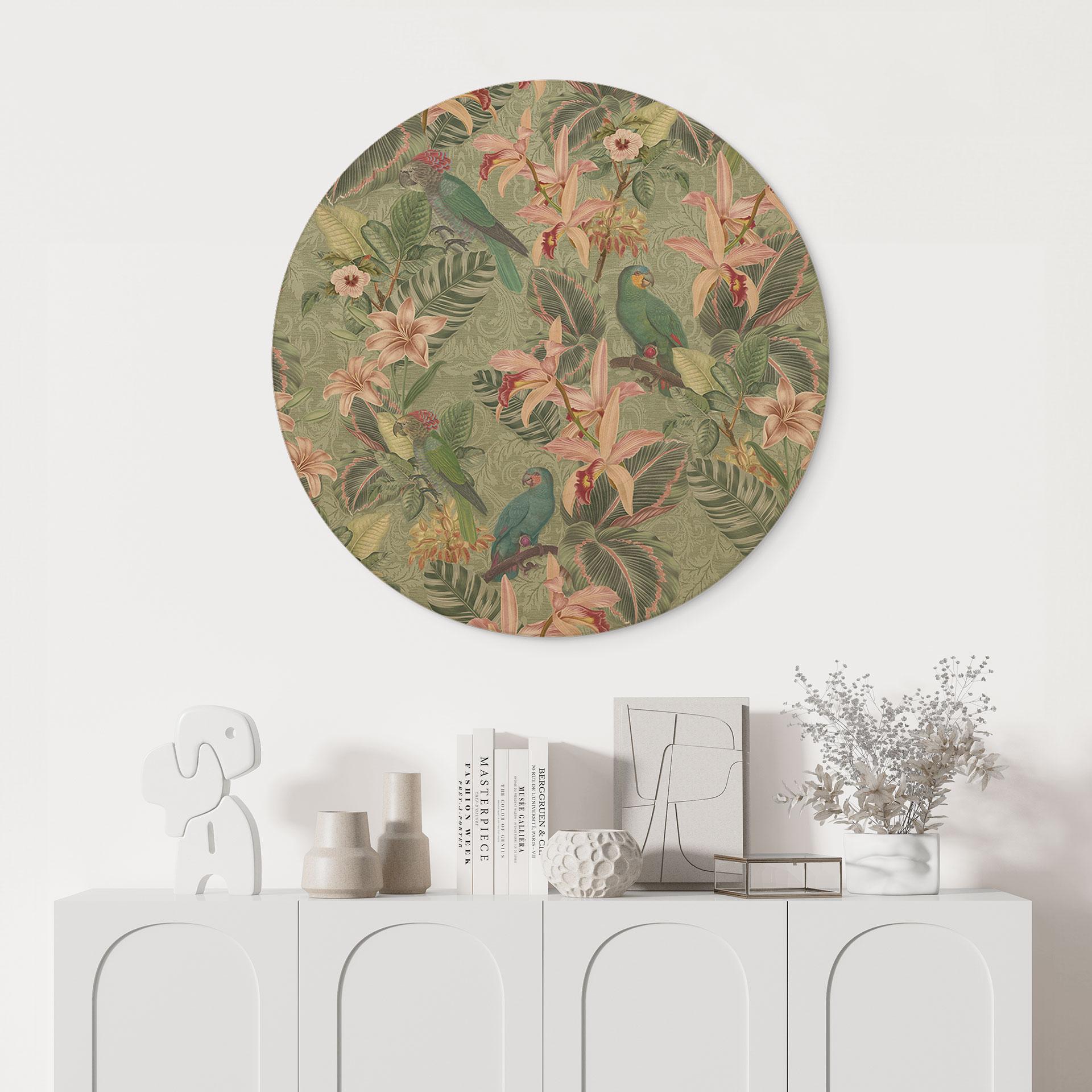 Billede af træ jungle med papegøjer grøn - Bloomery Decor - Round