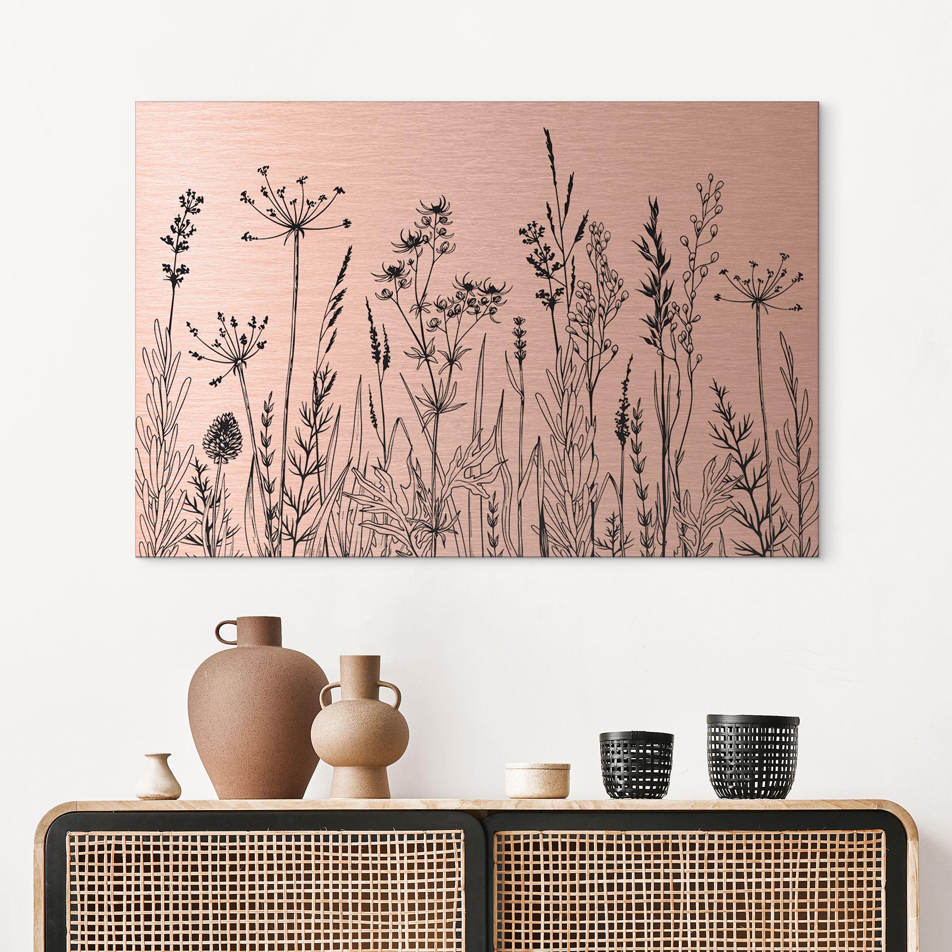 Børstet Alu-Dibond med guld-, sølv- & kobbereffekt - Markblomster illustration