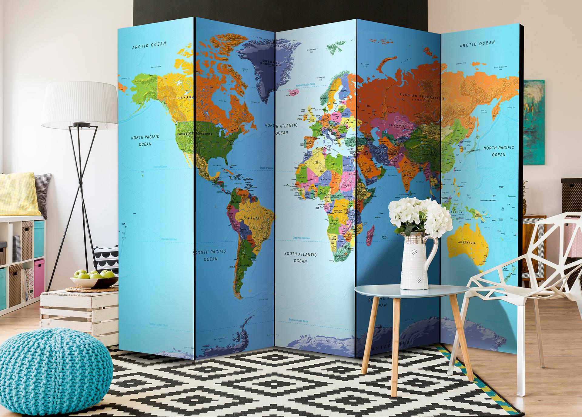 Schermo divisorio - Mappamondo - Geografia colorata, 5 pezzi - 225x172 cm