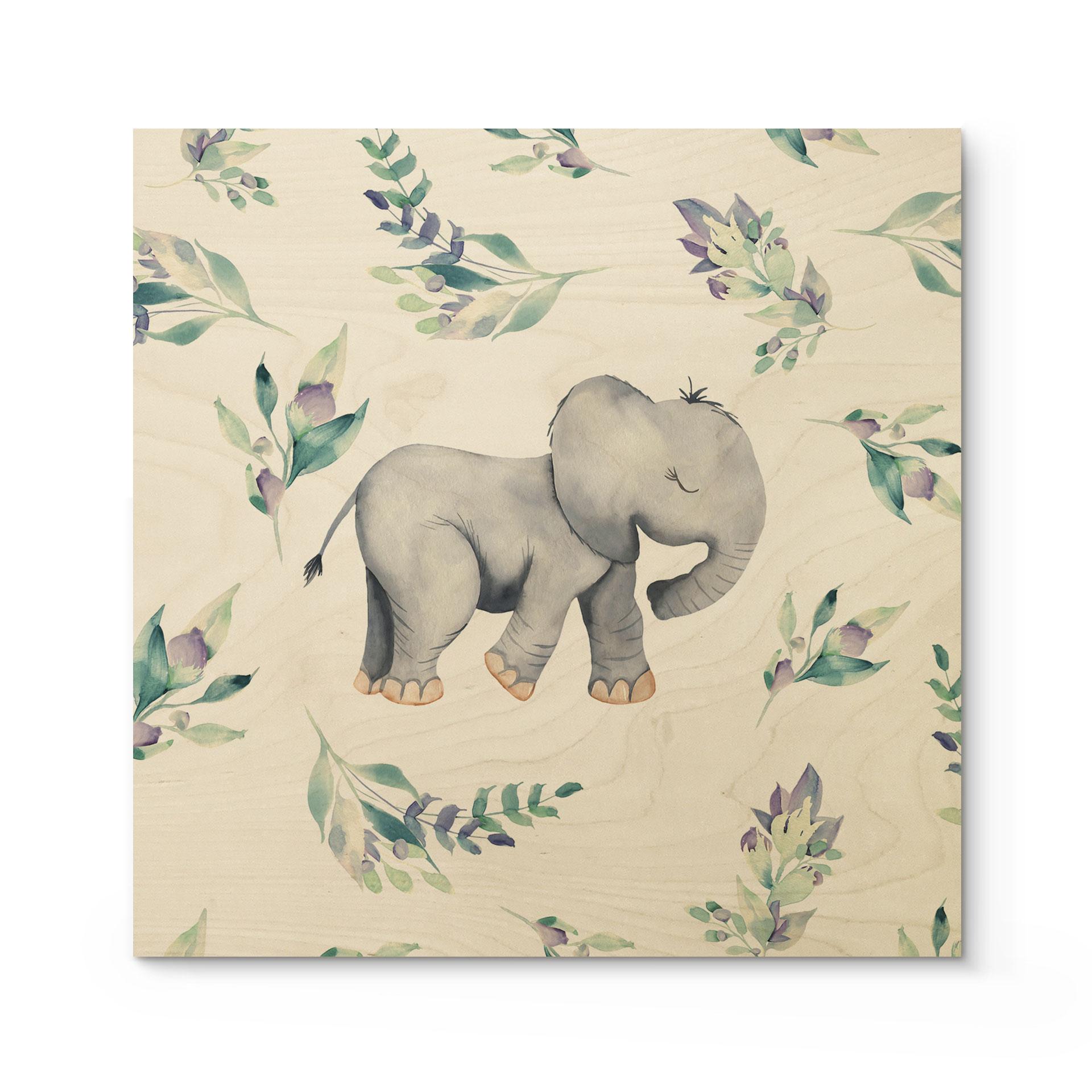 Træplakat Sød babyelefant mellem boho-grene - UN Designs