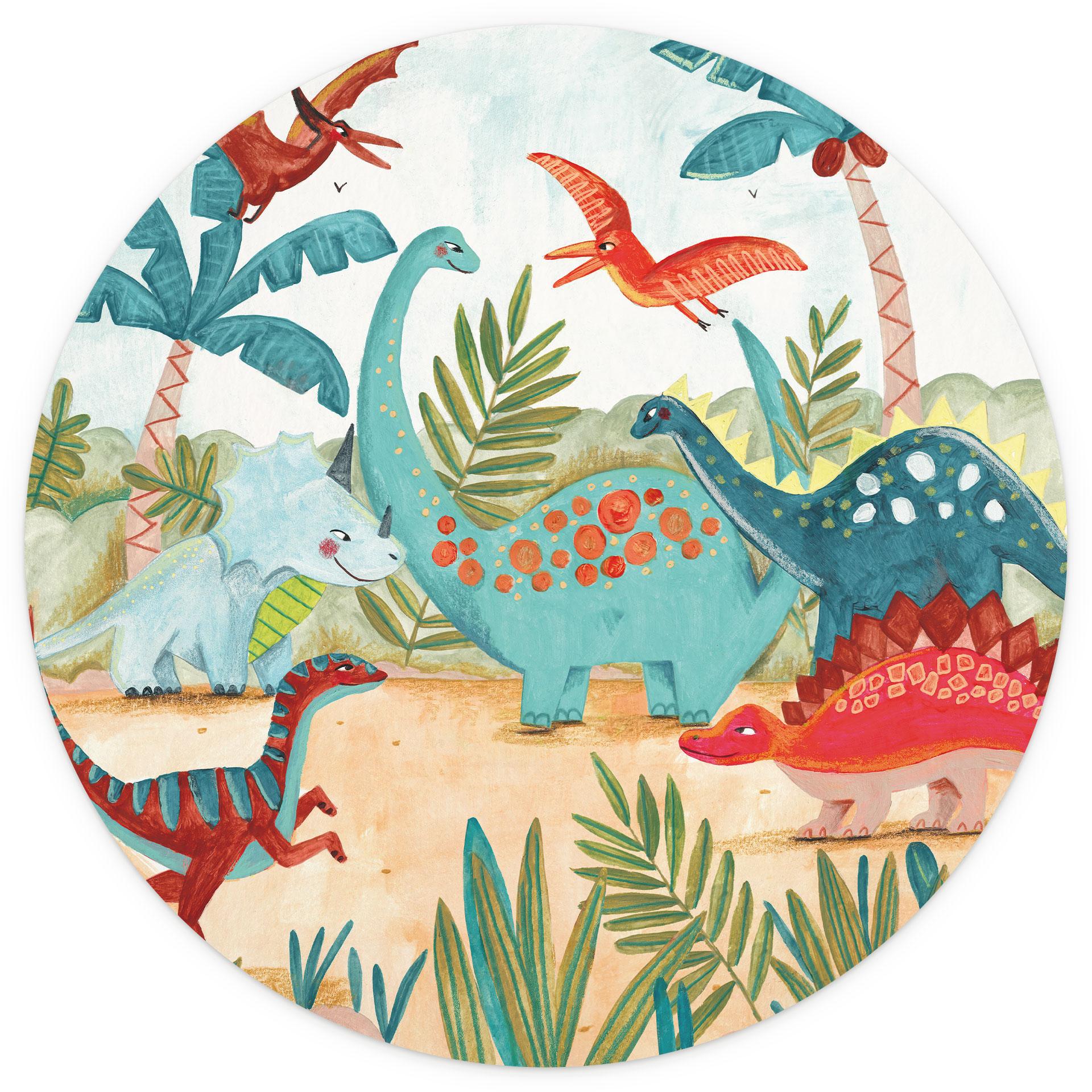 Muurschildering voor kinderkamer - Kleurrijke dinosaurussen in het oerbos - Bonne Müller - Rond - vl