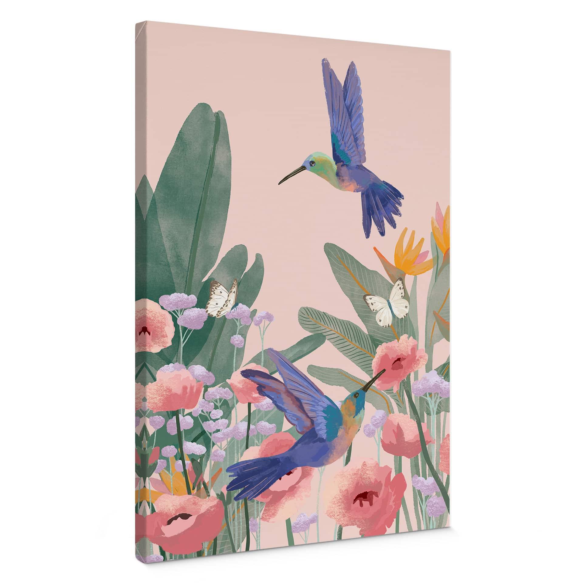 Canvasbillede To kolibrier på den farverige blomstereng - Goed Blauw