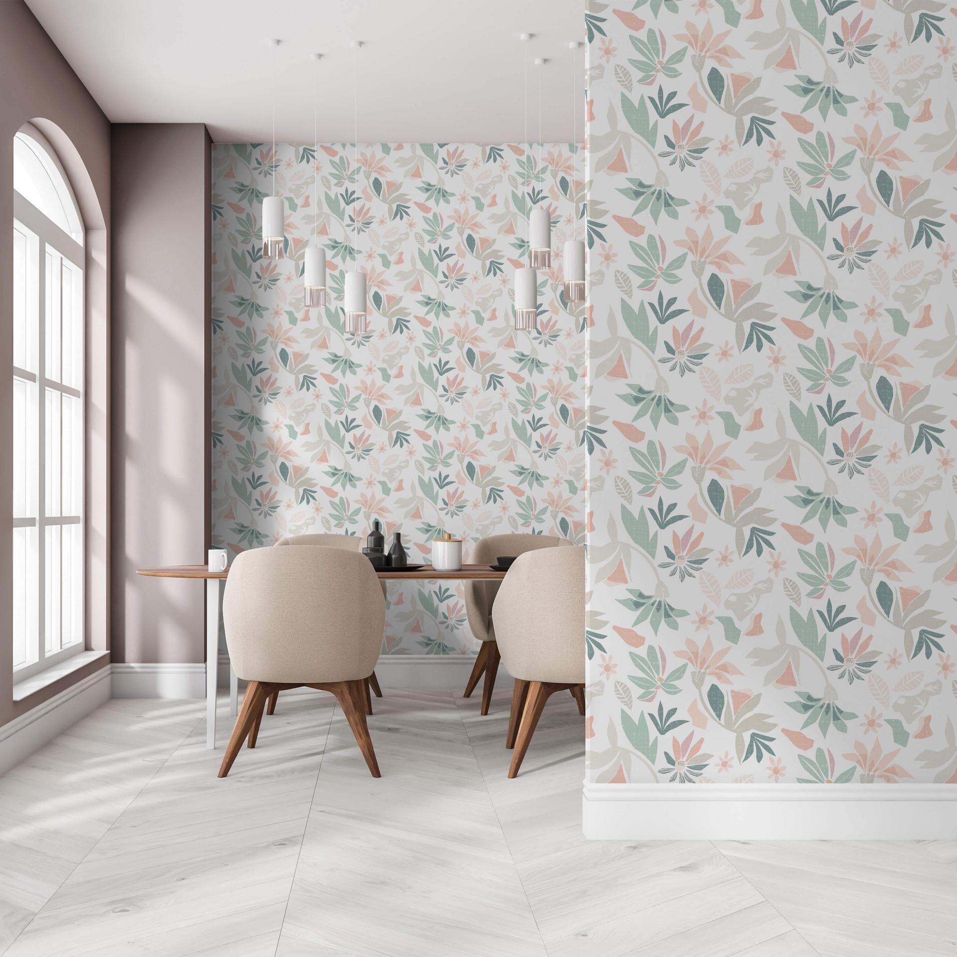 tapet, non-woven blomstertapet Flora hvid, grøn