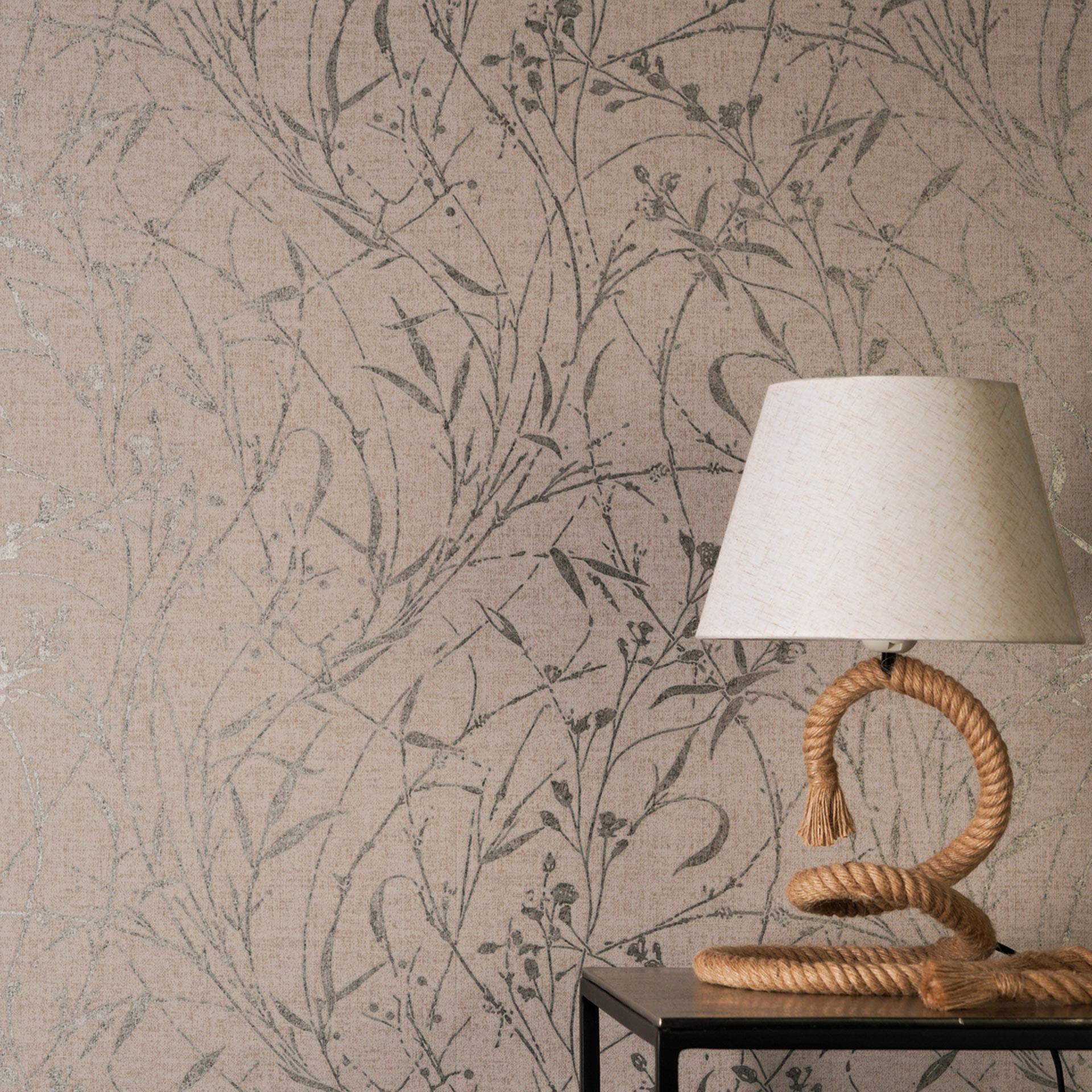 Ikke-vævet tapet Fee Wild Free brun beige sort metallic - græsser vilde blomster stue gang