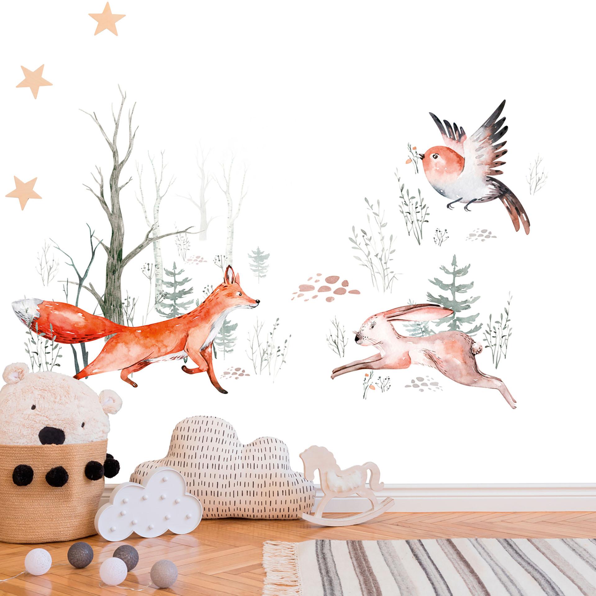 Børneværelse tapet ForestFriends hvid orange - non-woven tapet Designwalls 2 - 2,55 x 3,5 m