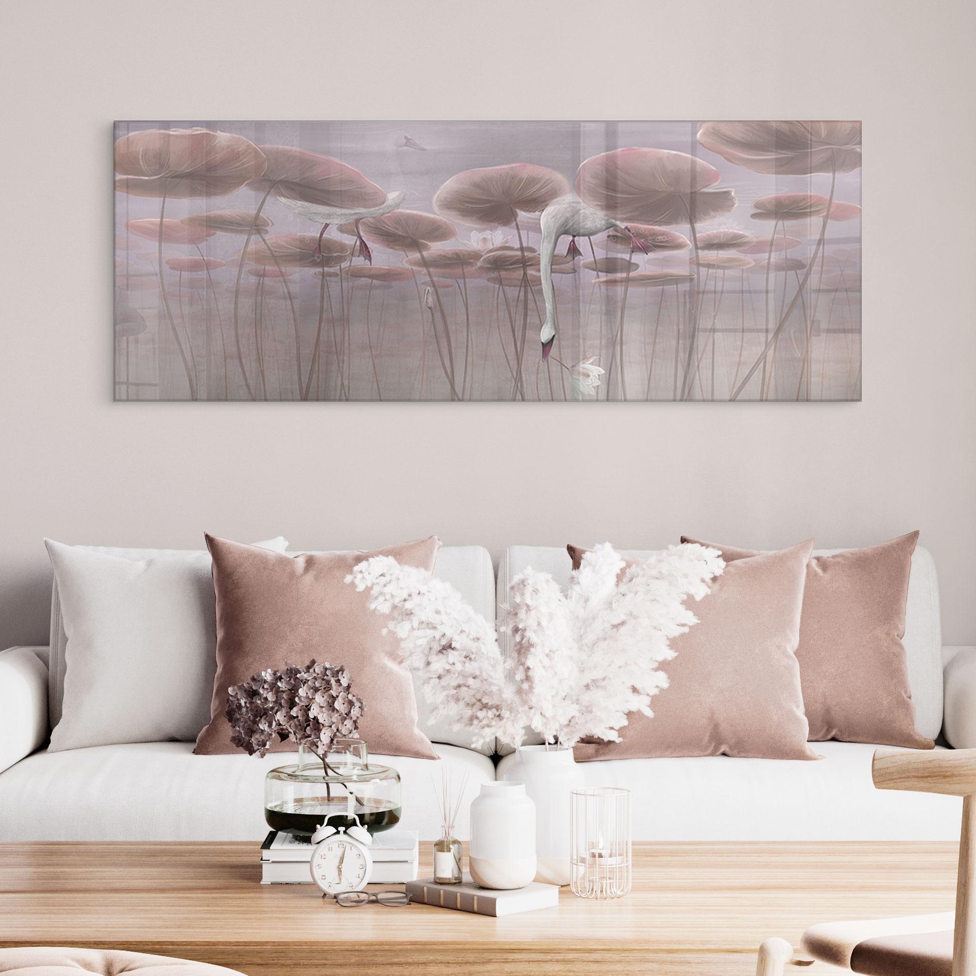 Acrylglasbild Lotusblumen mit Schwan im Wasser in Altrosa - Ms Tiff - Panorama