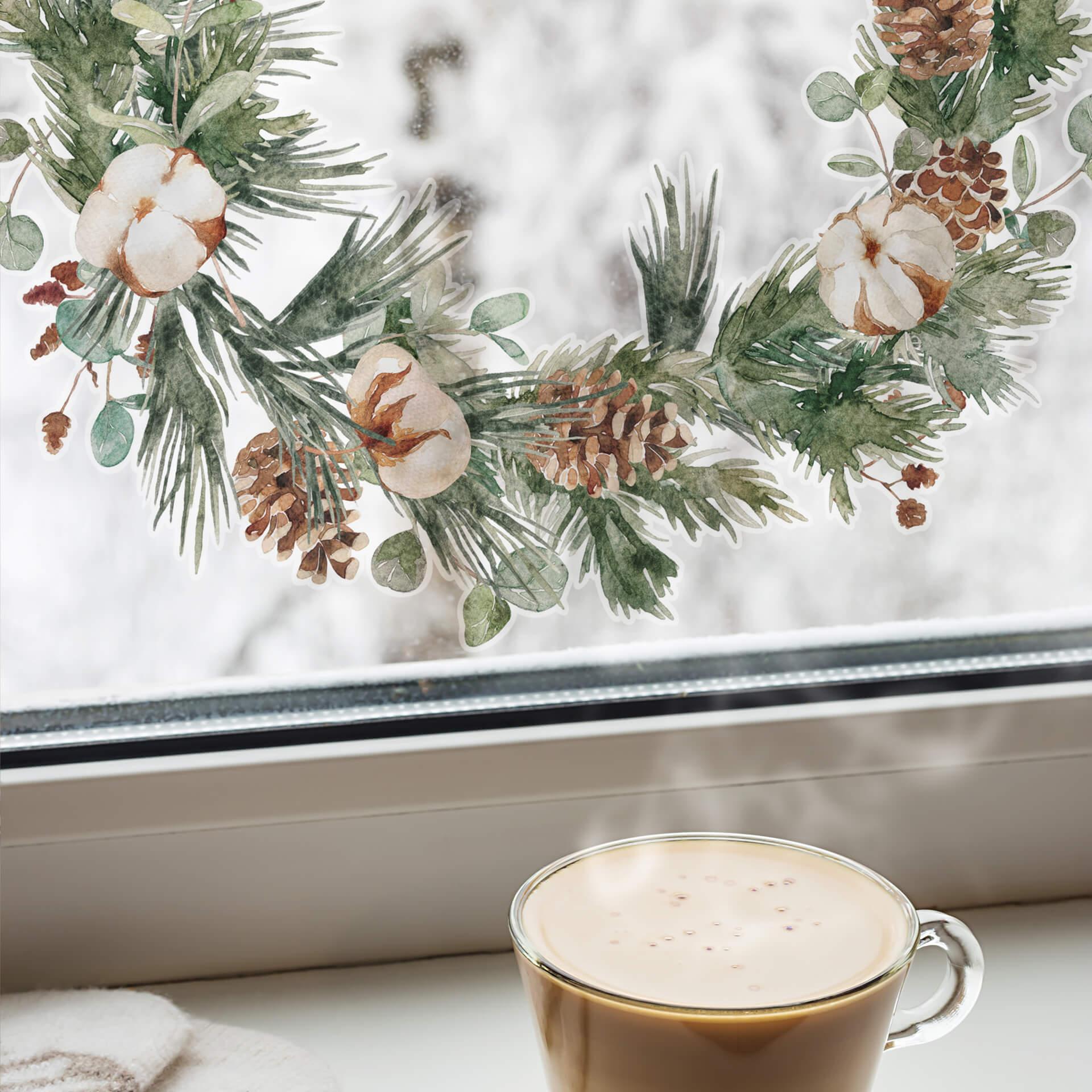 Winter Fensterbild Tannenkranz mit Zapfen und Baumwollblüten | Fensterdeko Weihnachten