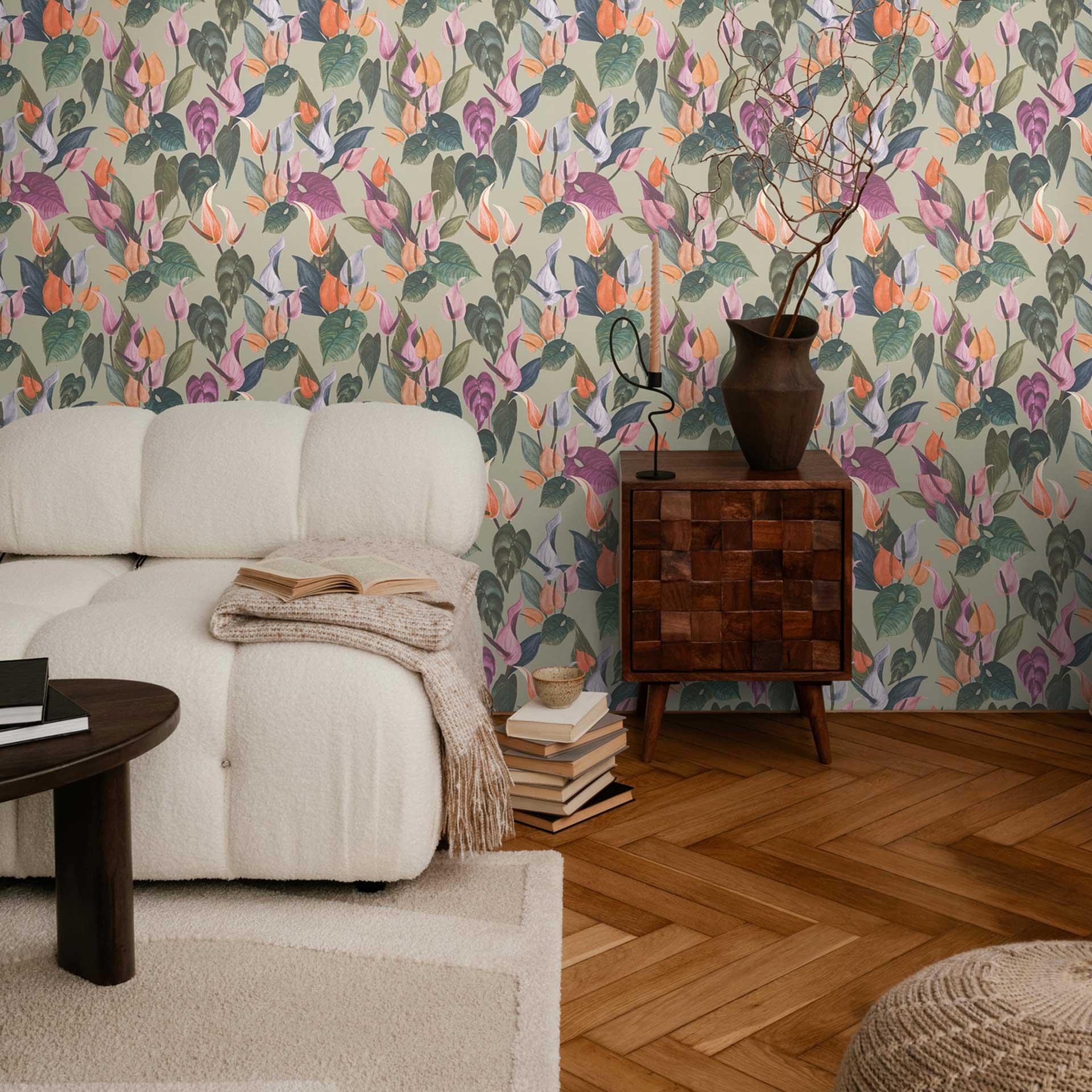 Blomstret tapet anthuriums farverig grøn beige - tropisk blomstermønster - Ikke-vævet tapet