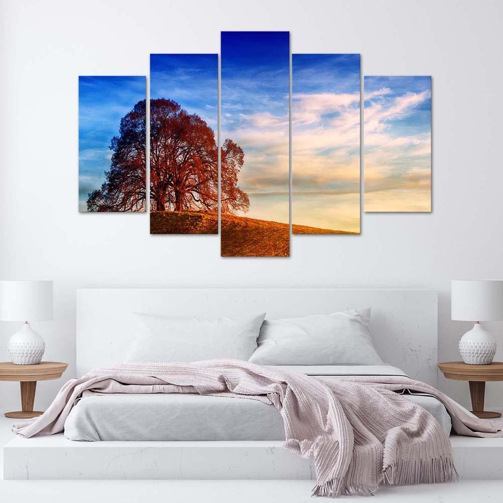 Lærred print 5 stykker, landskab træ bjerge