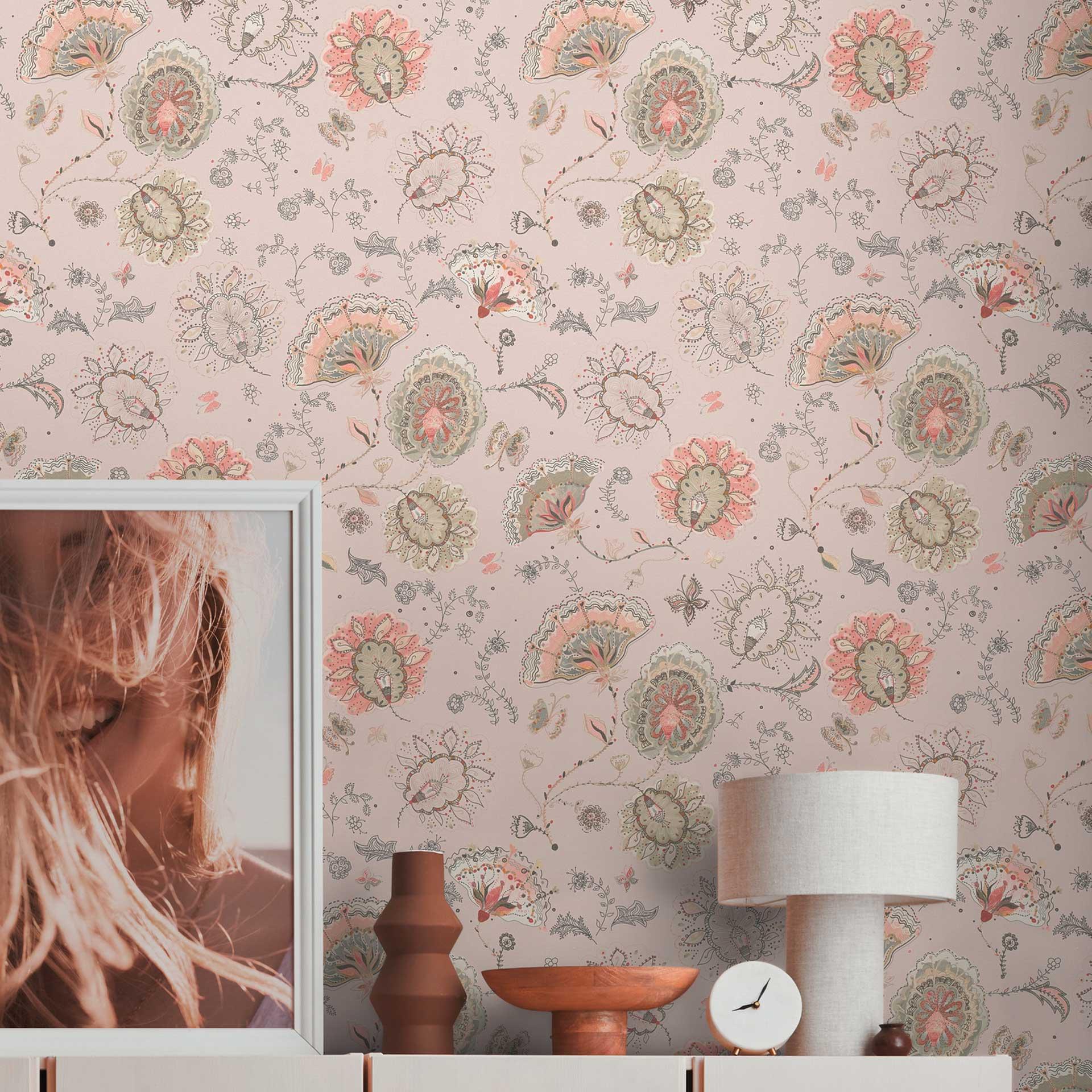 planter tapet beige pink - klassisk blomstertapet - naturligt tapet
