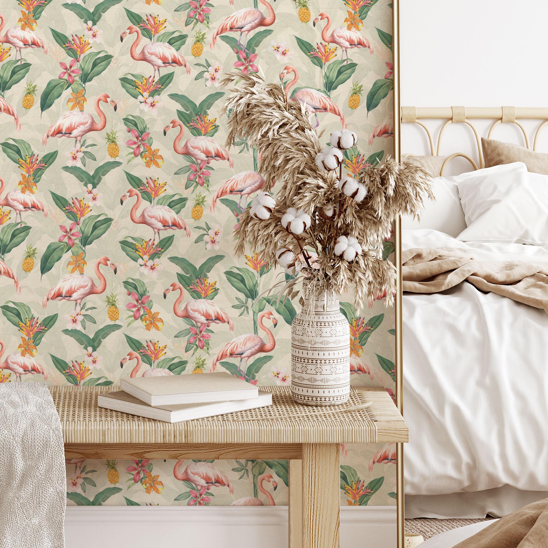Tropisch Patroonbehang - flamingo en tropische bladeren - Bloomery Decor