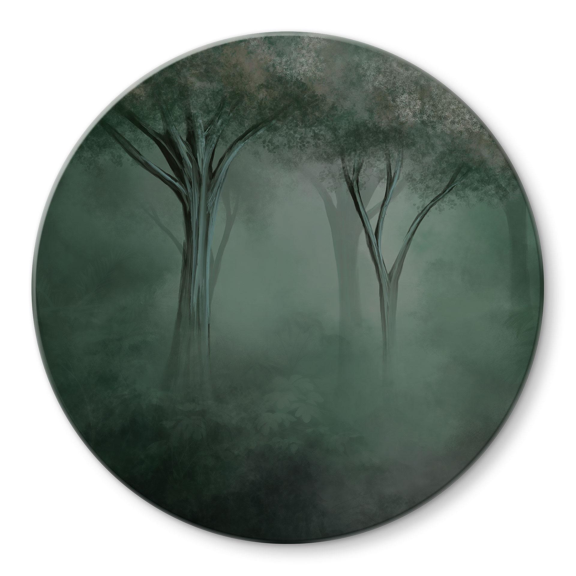 Glasschilderijen Forest Magic in the Morning Mist Green - Ms Tiff - Rond