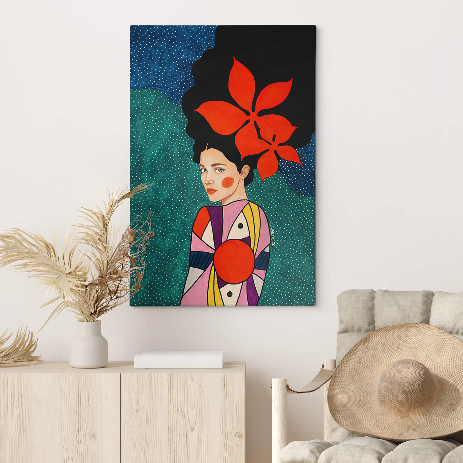 Lærredsprint - Woman with red flowers in her hair - Hülya