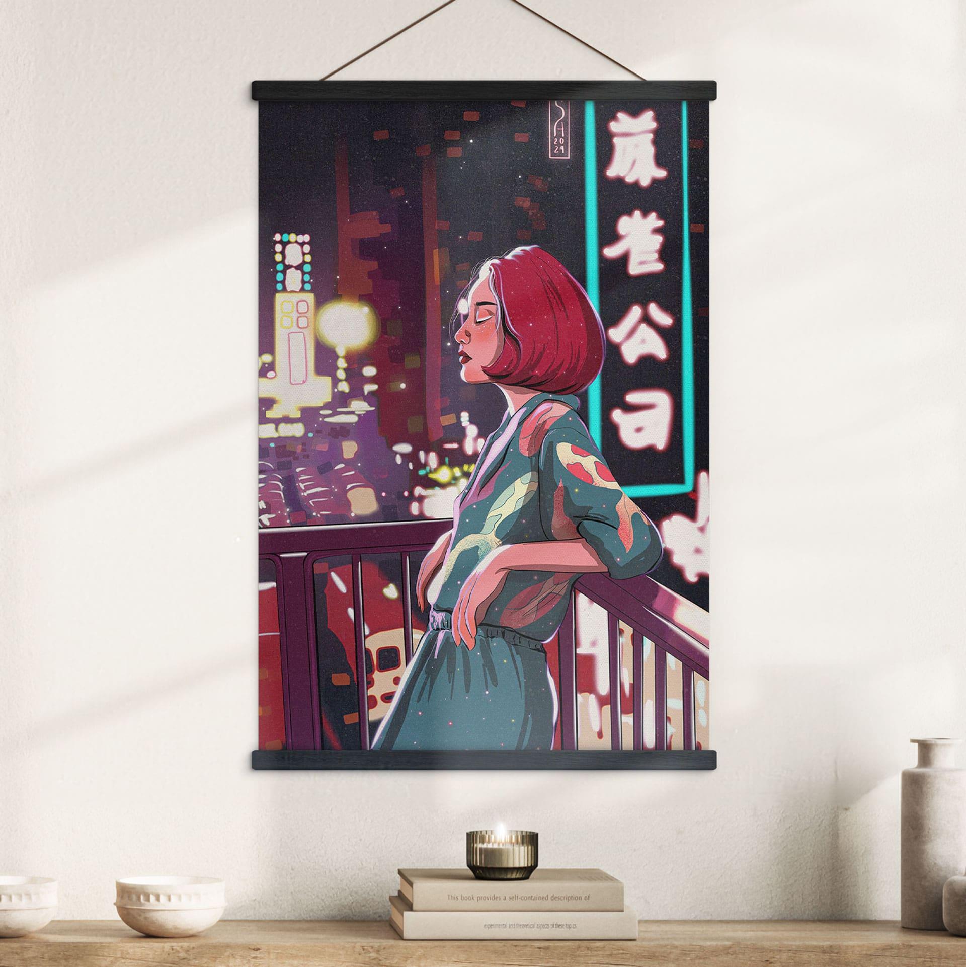 Tekstil plakat Pige på en balkon i Japan - Oliveira