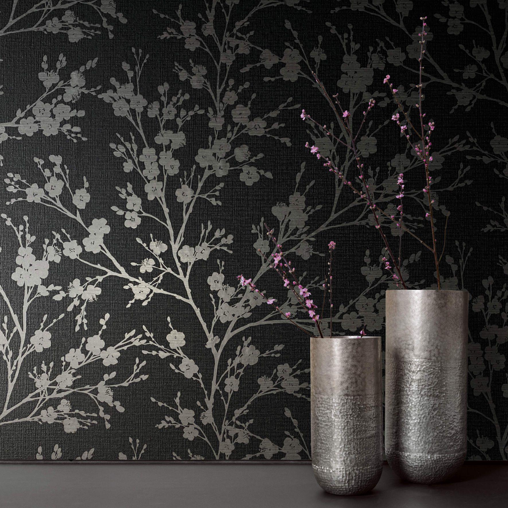 Blomstertapet, non-woven Novamur Yvi sort, sølv