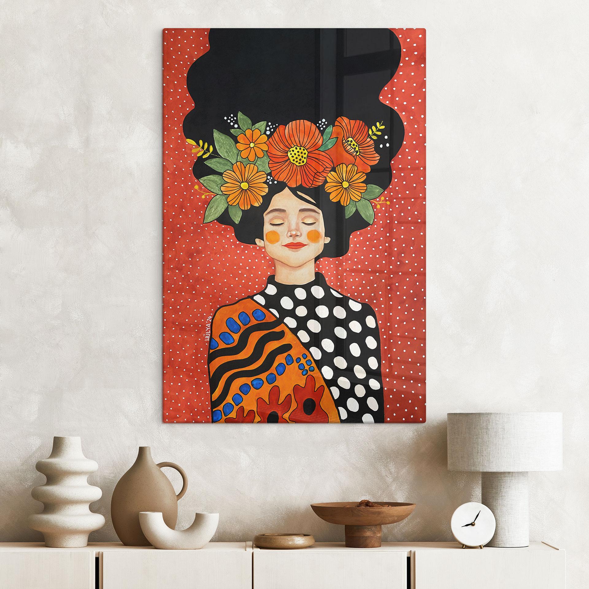 Glasbillede - Smilende kvinde med orange blomster - Hülya