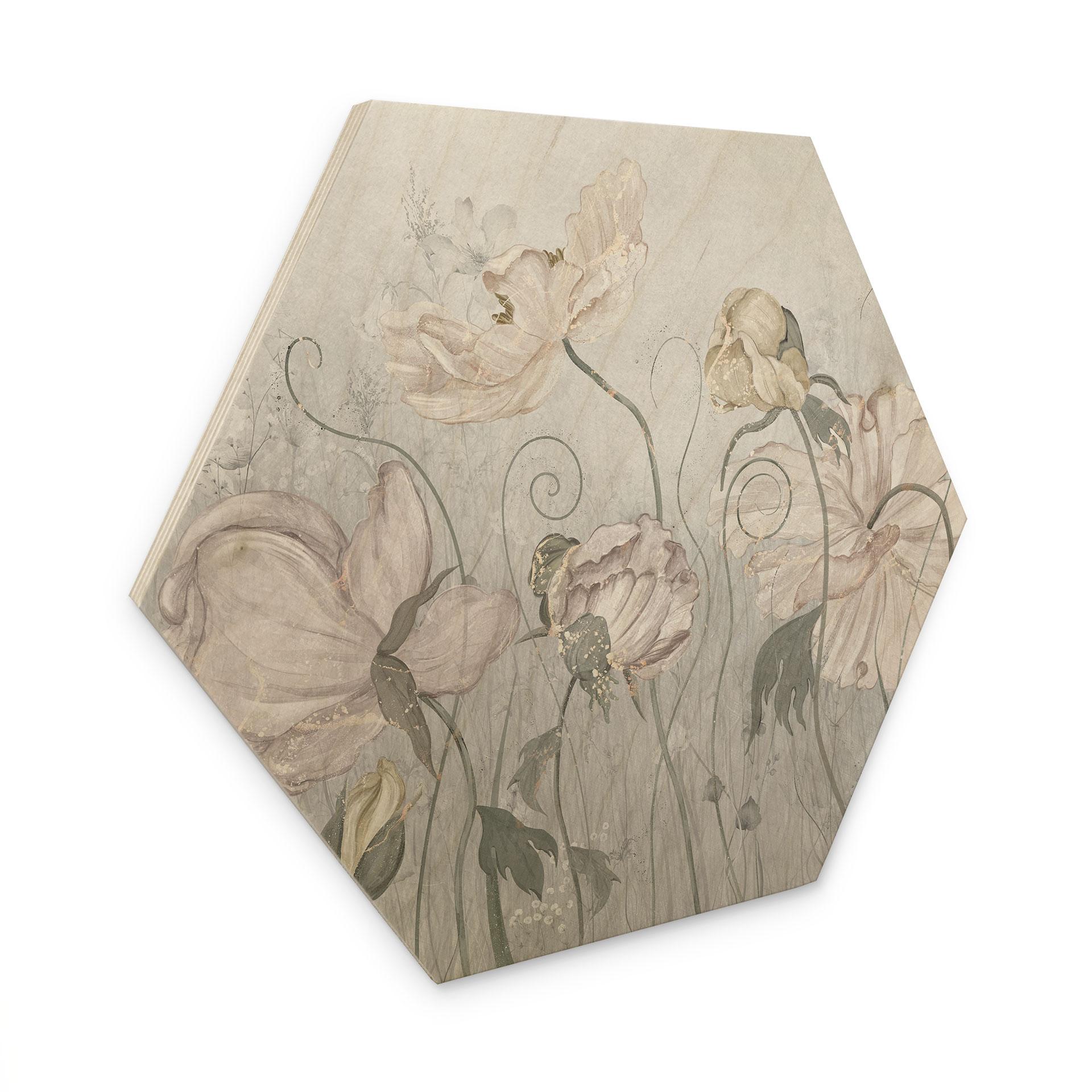 Houten Wanddecoratie met zeshoekige bloemen in vintage stijl in grijs - Ms Tiff