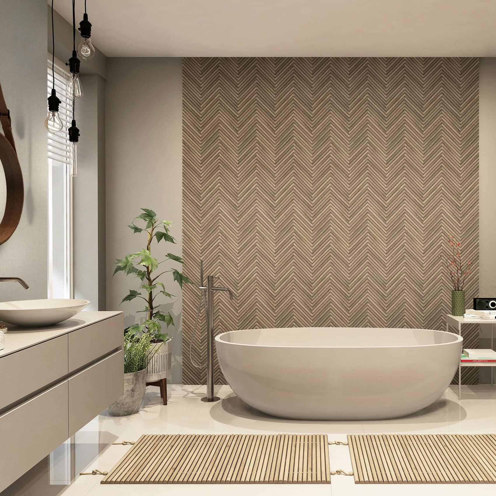 Vliesbehang met visgraatmotief en houtlook bruin houteffect