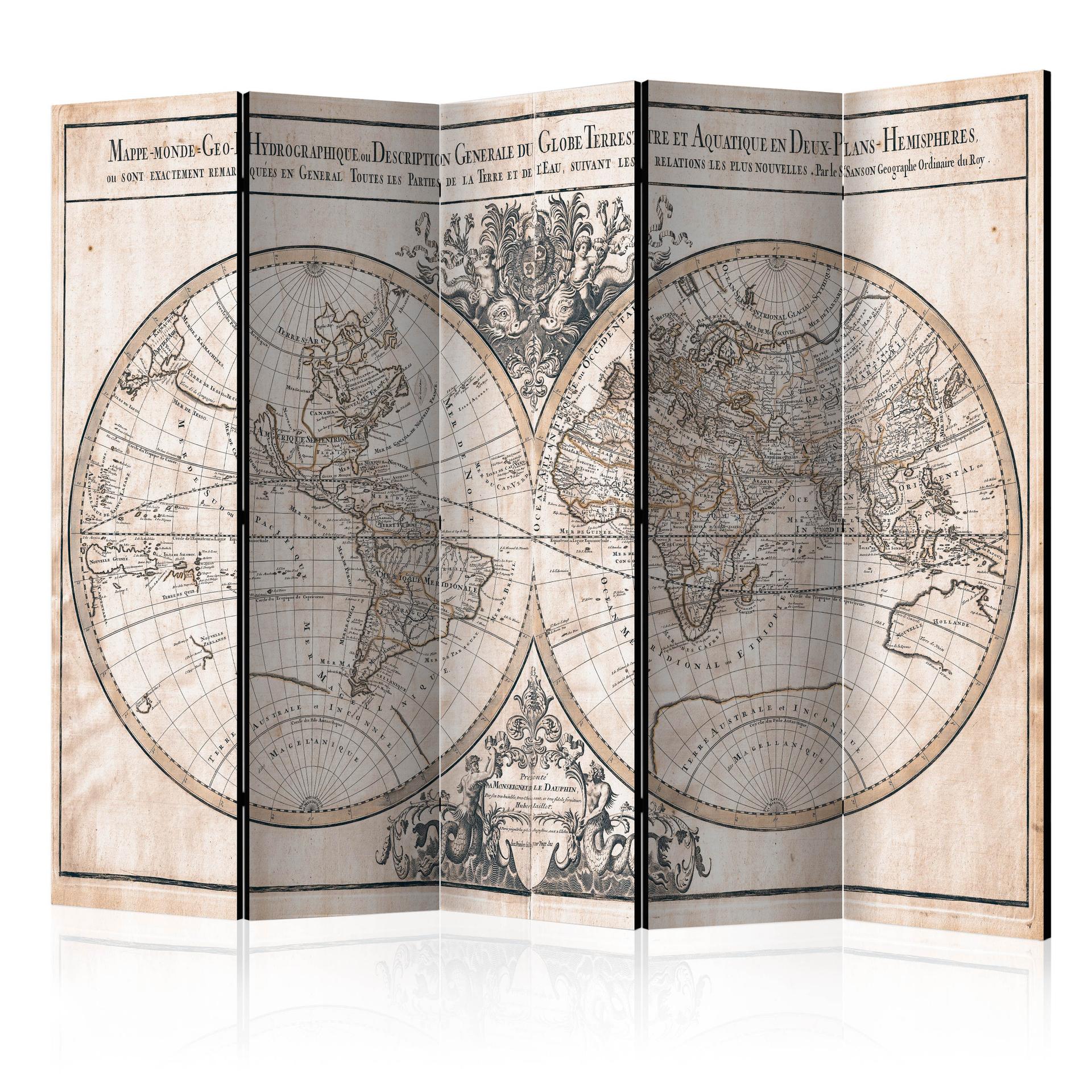 Skærm til rumopdeling - Mappe-Monde Geo-Hydrographique, 5-delt - 225x172 cm