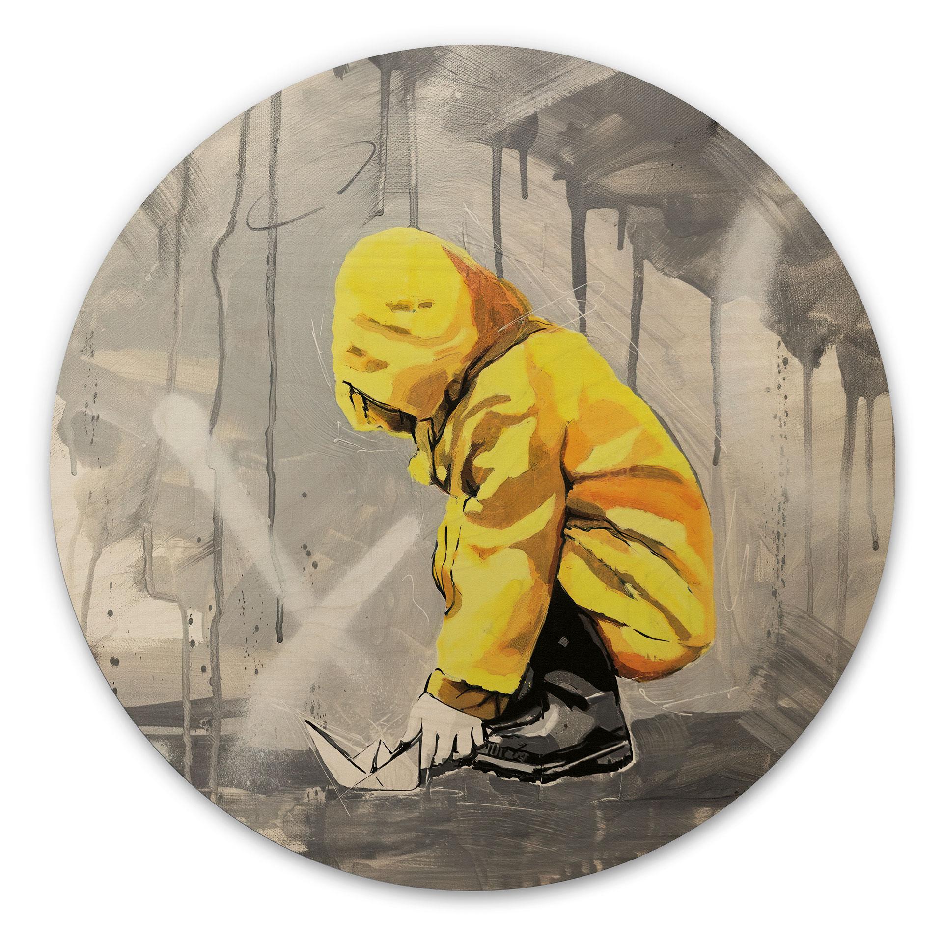 Holzbild Kind mit Papierschiff Streetart - Habib - Rund