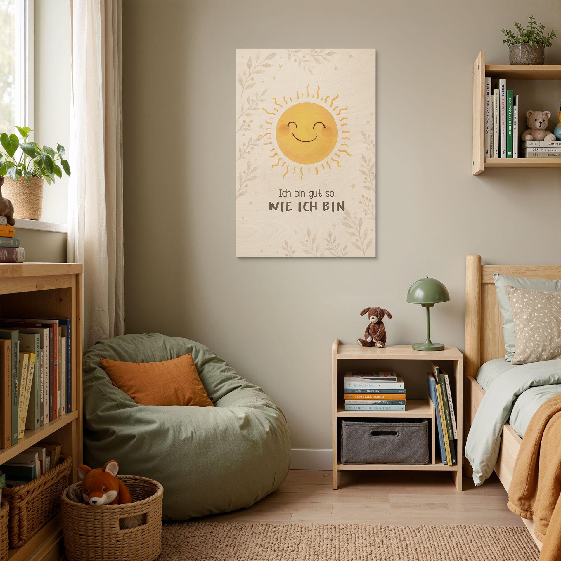 Holzbild mit strahlender Sonne - Affirmation 'Ich bin gut so wie ich bin' fürs Kinderzimmer
