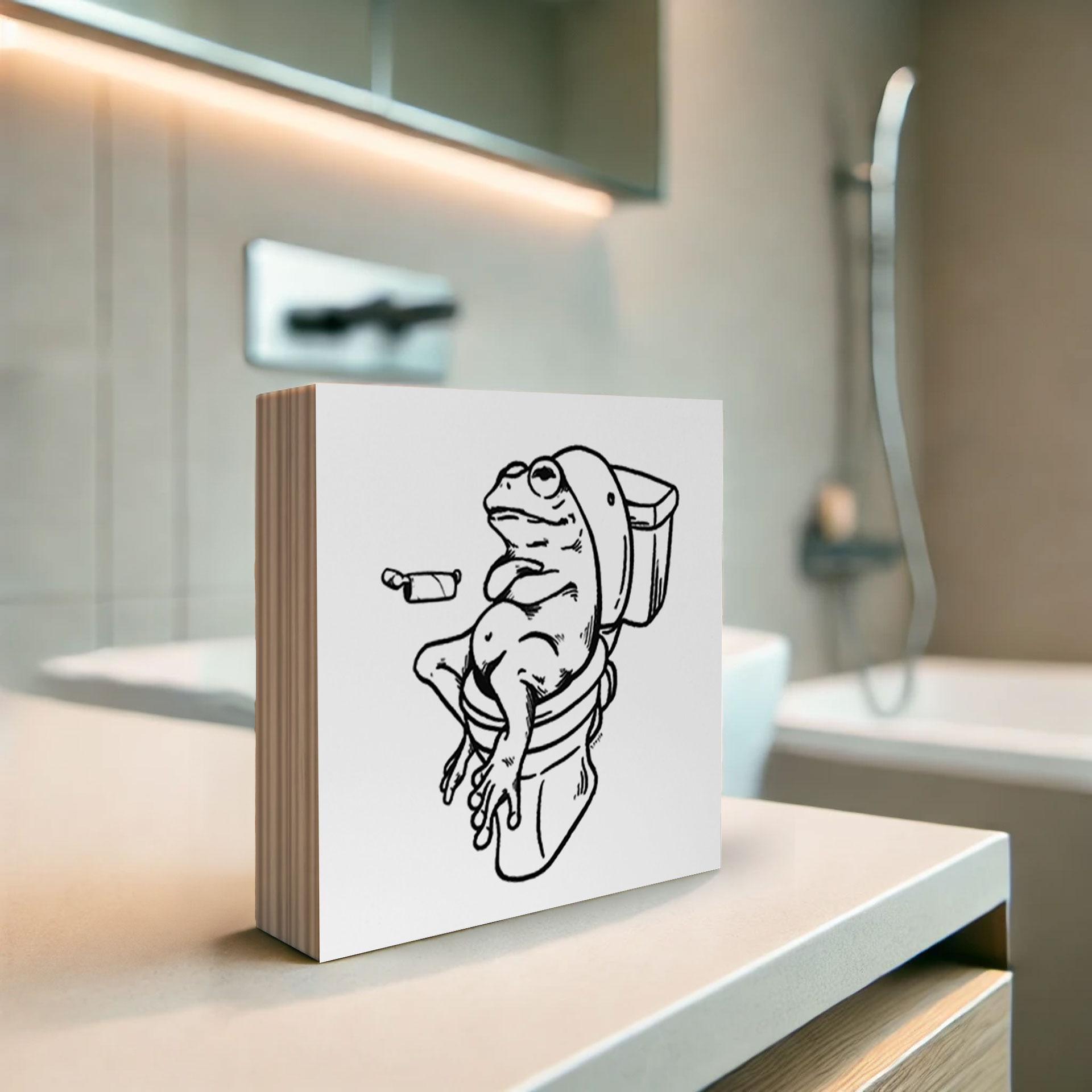 Træ dekoration blok Venter på toilettet - Humoristisk illustration af en frø - Royle