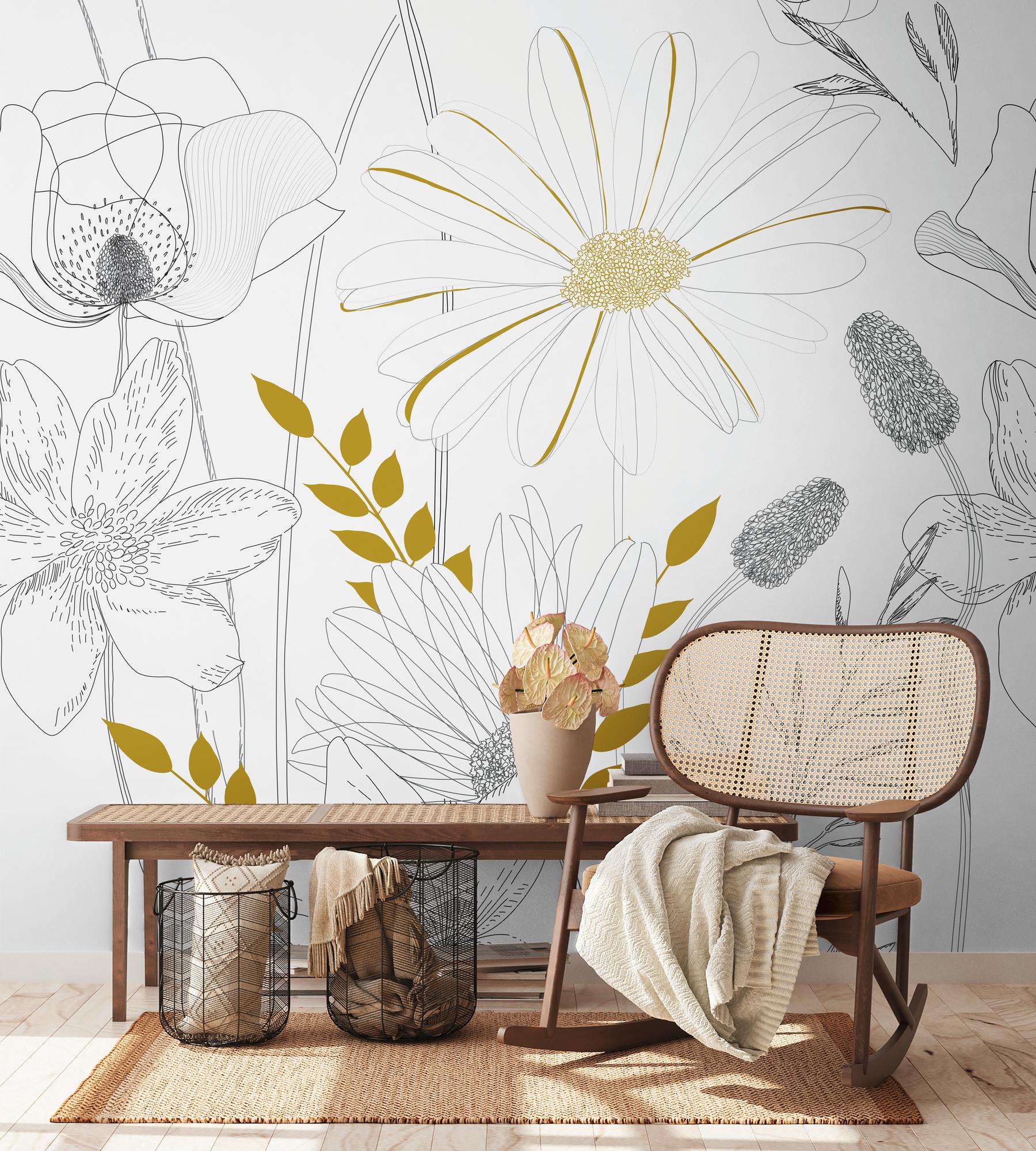 tapet blomster hvid sort - non-woven tapet blomster planter Livingwalls - mat og glat