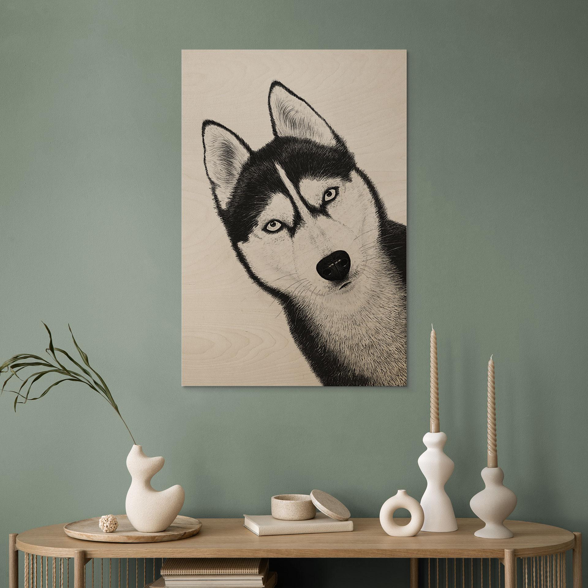 Træbillede Siberian husky - hundeportræt - Korenkova