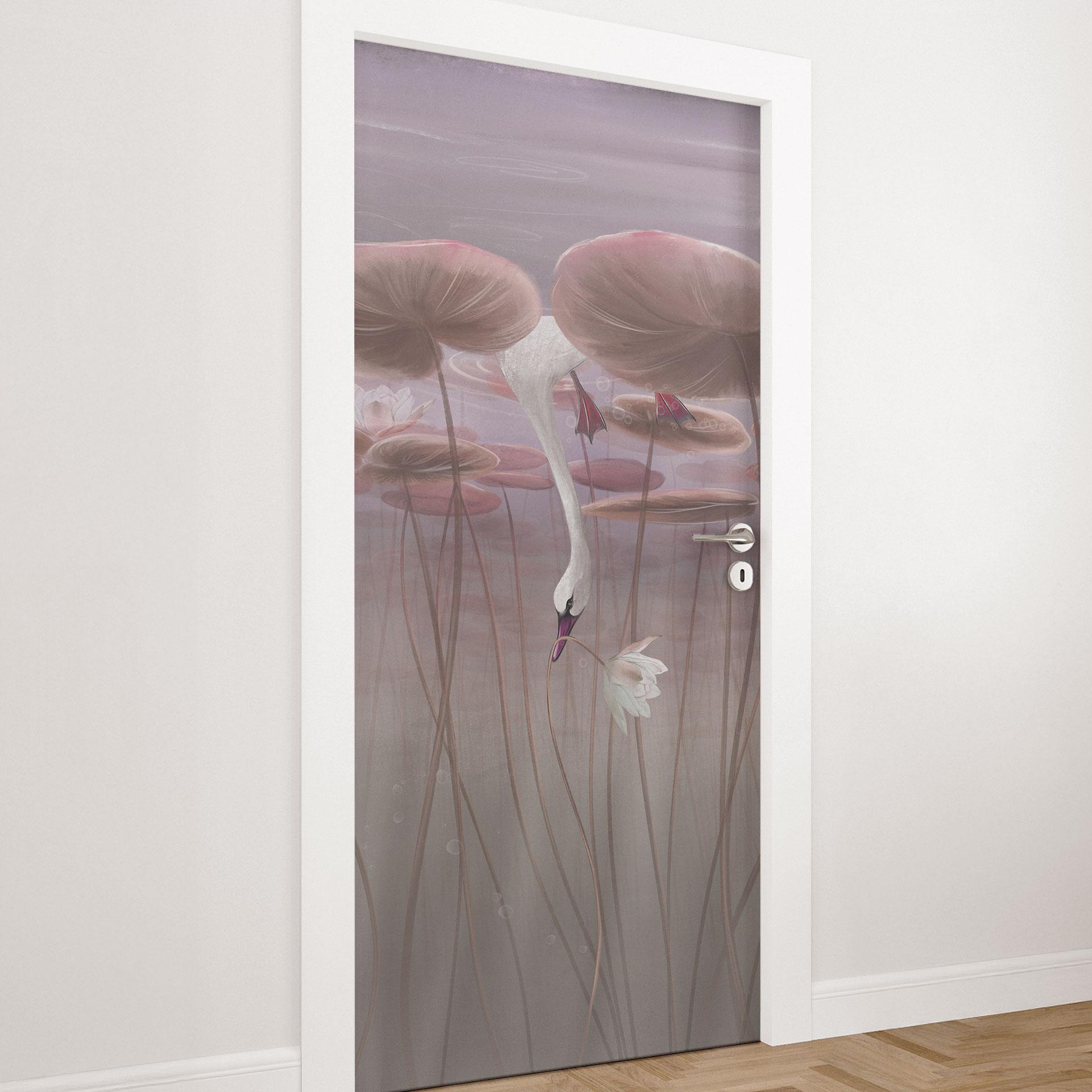 Deurfolie lotusbloemen met zwaan in water in donkerroze - Ms Tiff
