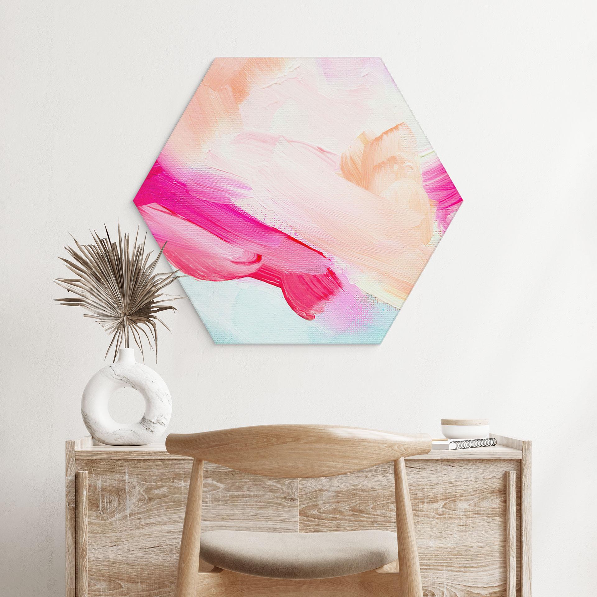 Hexagon Dibond Penselstrøg i pink og turkis - Haniff