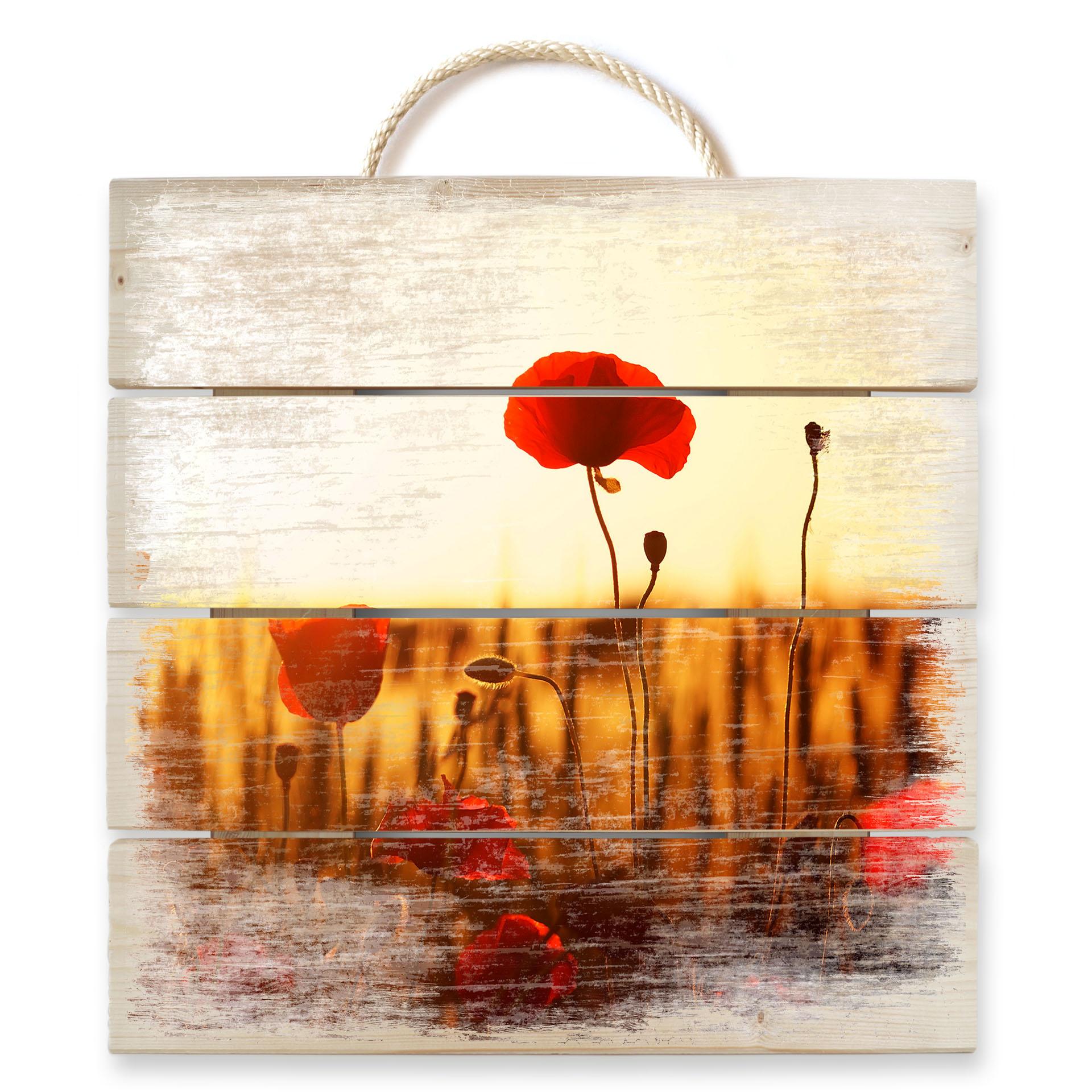 Obraz drewniany powódź słoneczna na polu maków - 40x41,5 cm