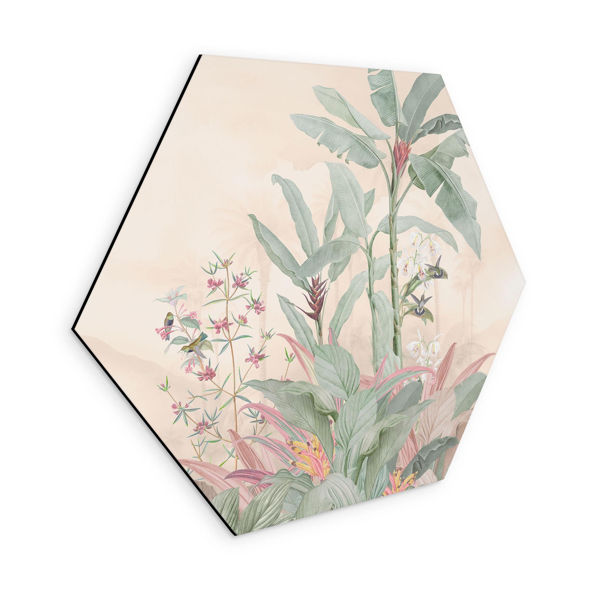 Sekskantet billede Tropisk idyl med kolibri abrikos - Bloomery Decor - aluminium dibond