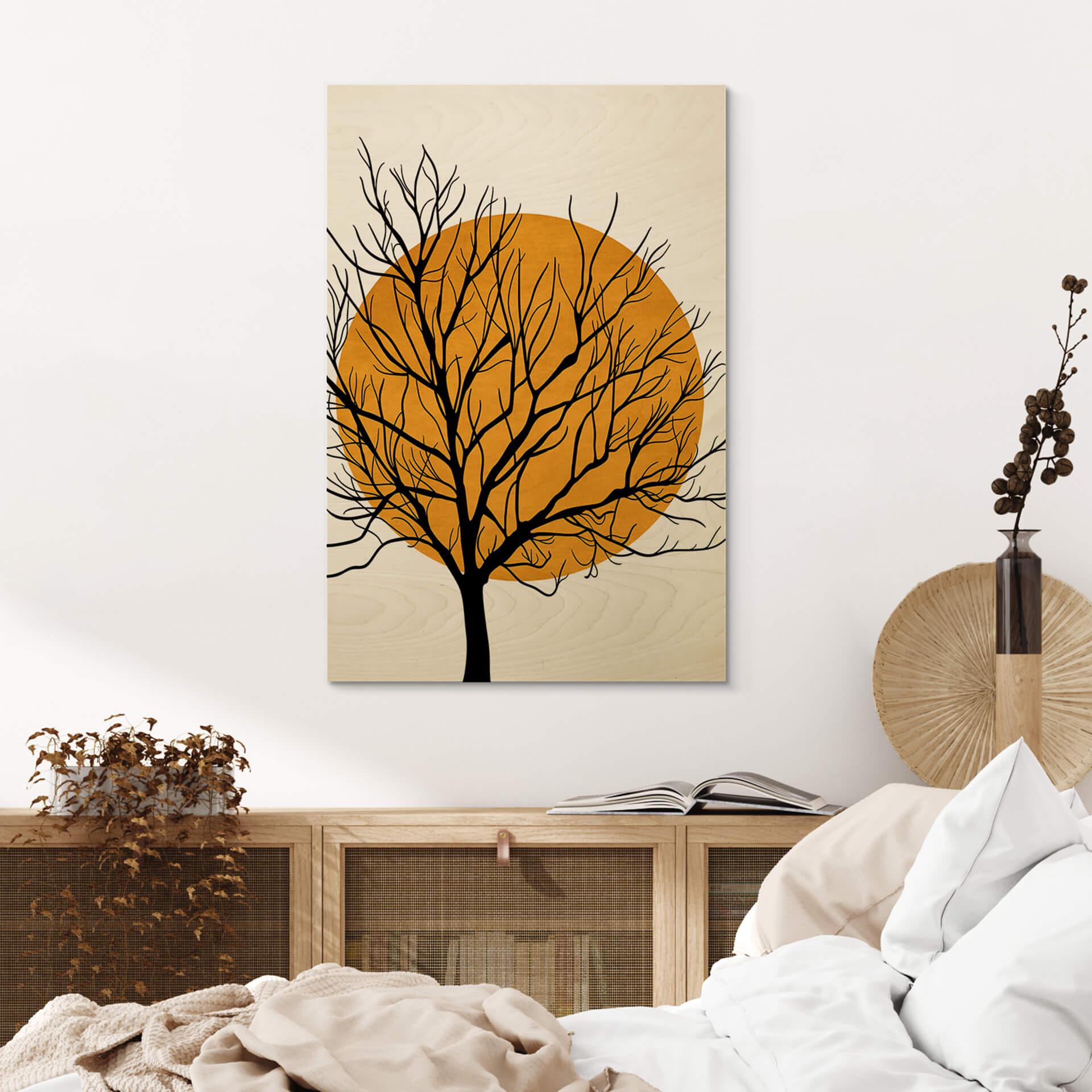 Træplakat Kubistika - Golden Sun behind a Tree