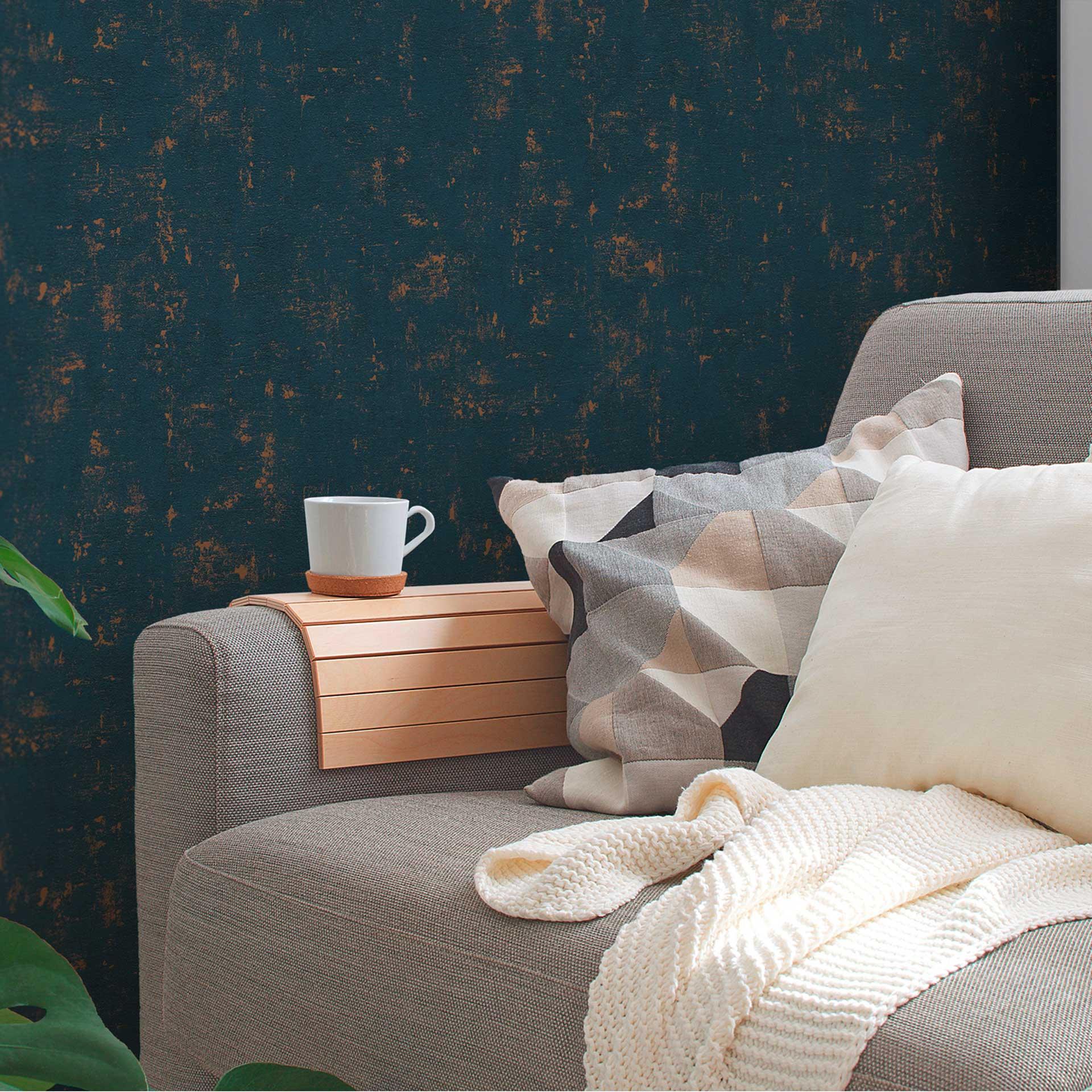 fleecetapet i raffiamønster blå guld - metallic effekt - tekstureret tapet