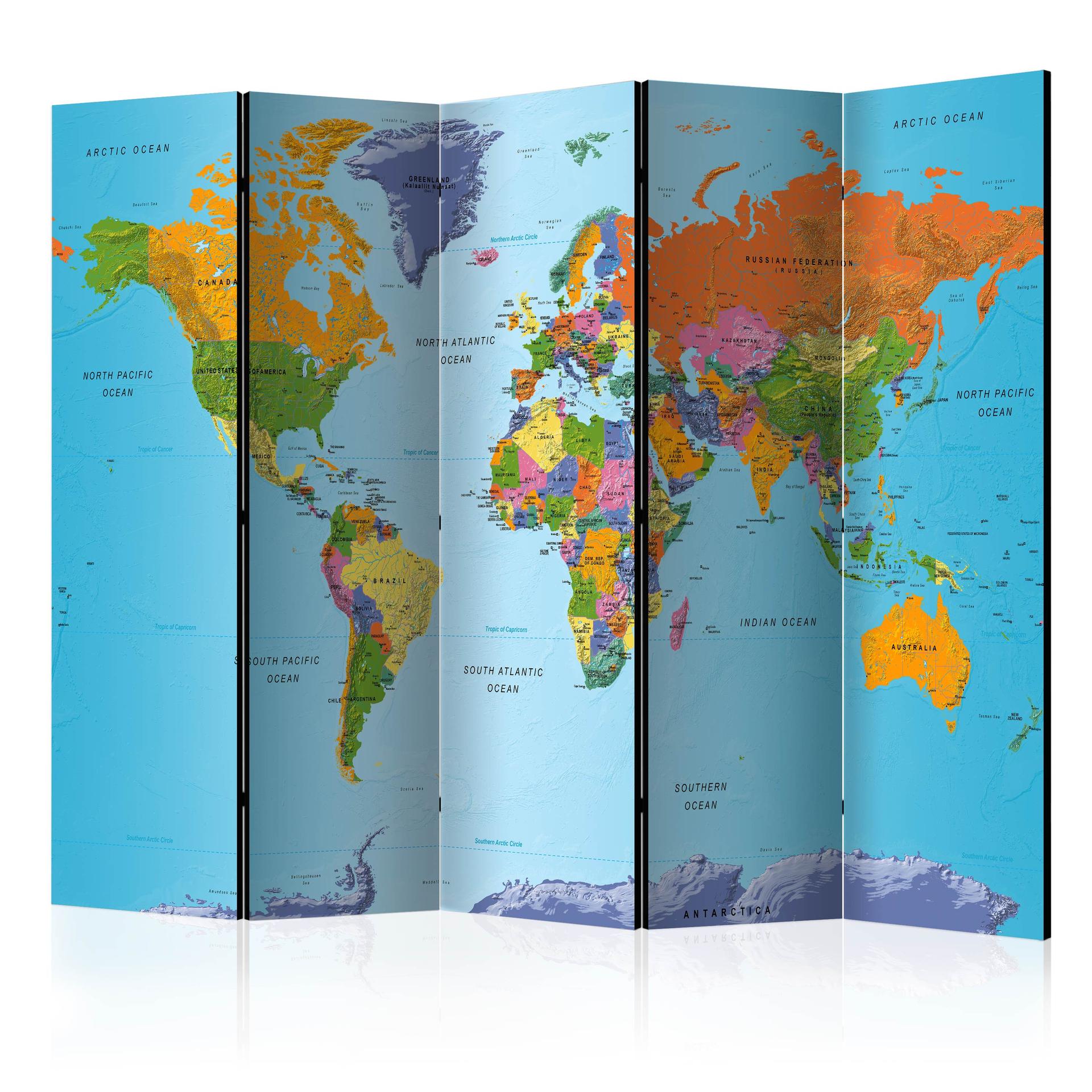 Rumdeler - Verdenskort - farverig geografi, 5-delt - 225x172 cm