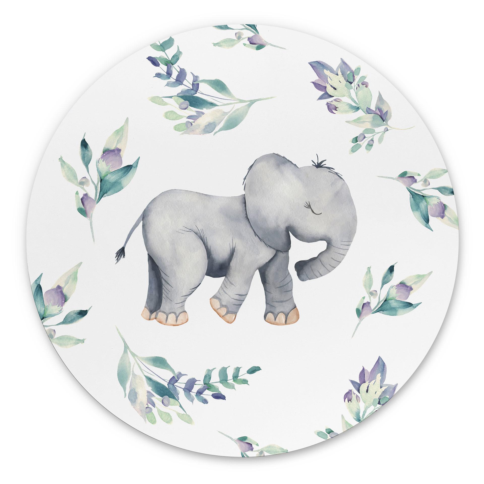 vægdekoration Sød babyelefant mellem boho-grene - UN Designs – print på aluminium