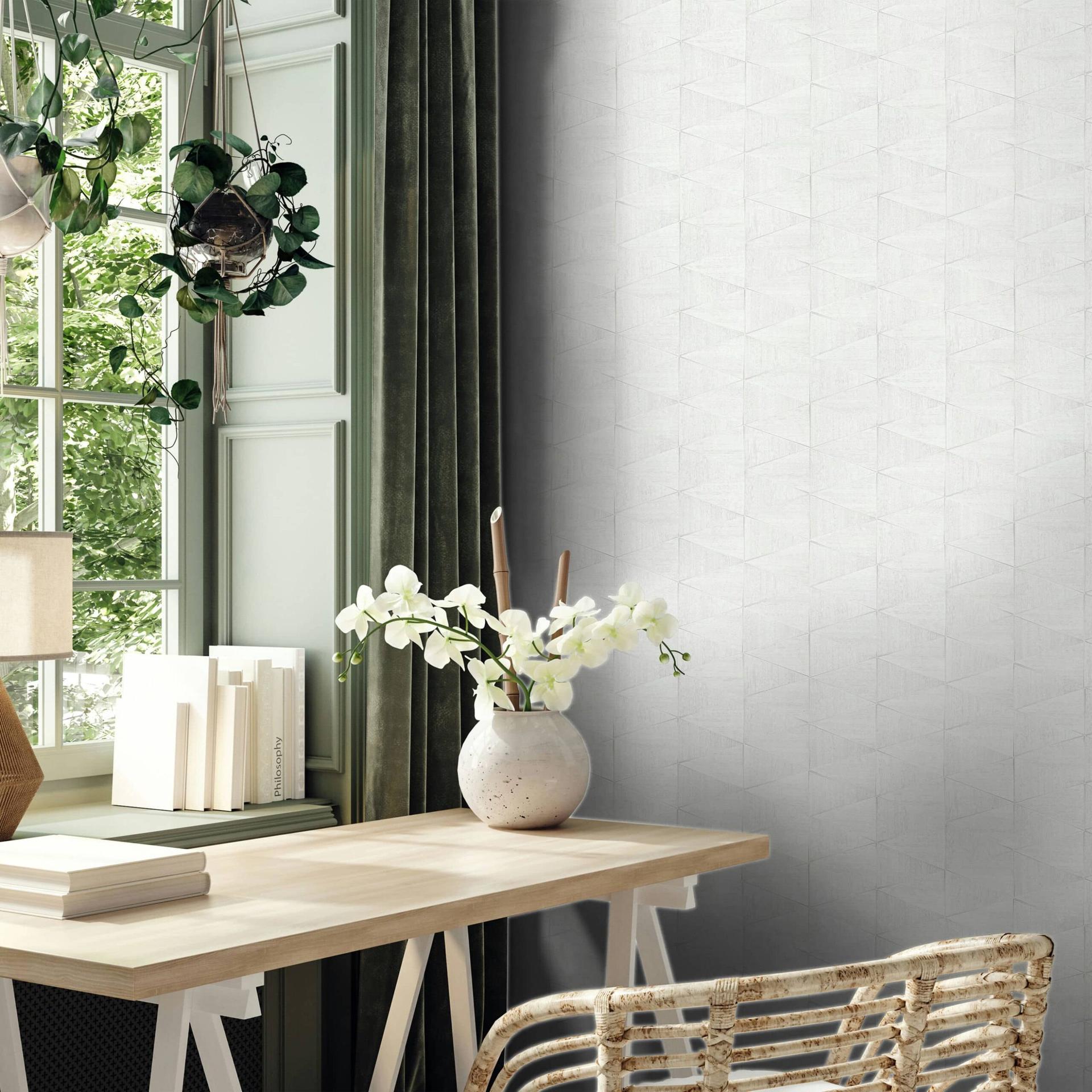 Vliesbehang met geometrisch patroon, driehoeken wit grafisch