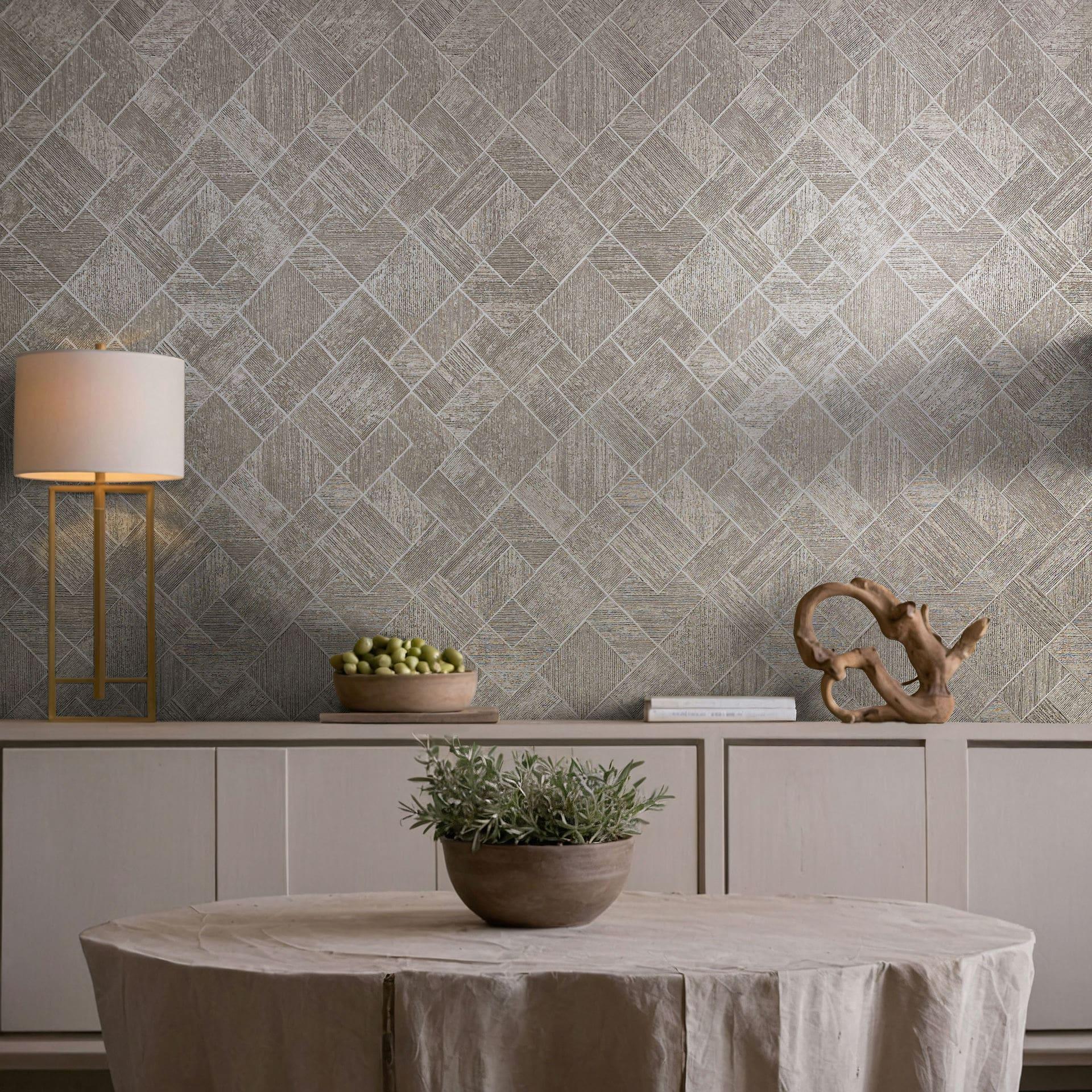Non-woven tapet i grå, beige ternet, diamantmønster grafisk geometrisk