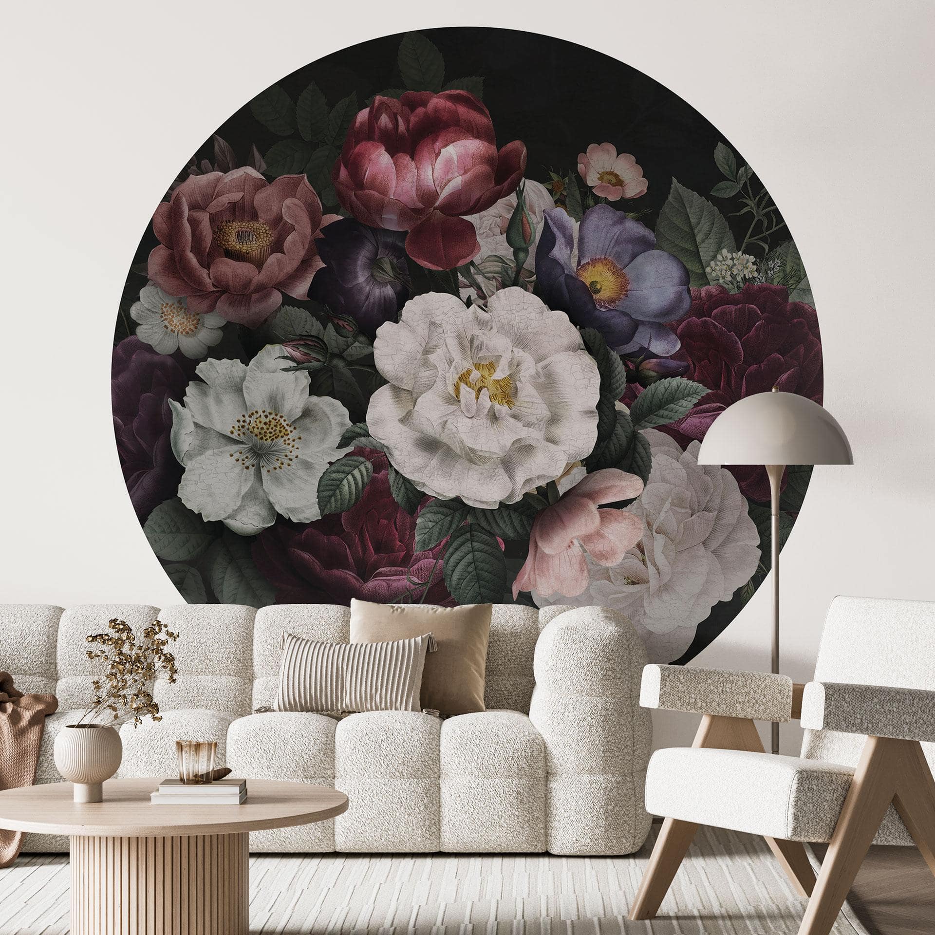 Fototapet med blomsterstilleben i Redouté Style - Bloomery Decor - Rundt - selvklæbende/ikke-vævet