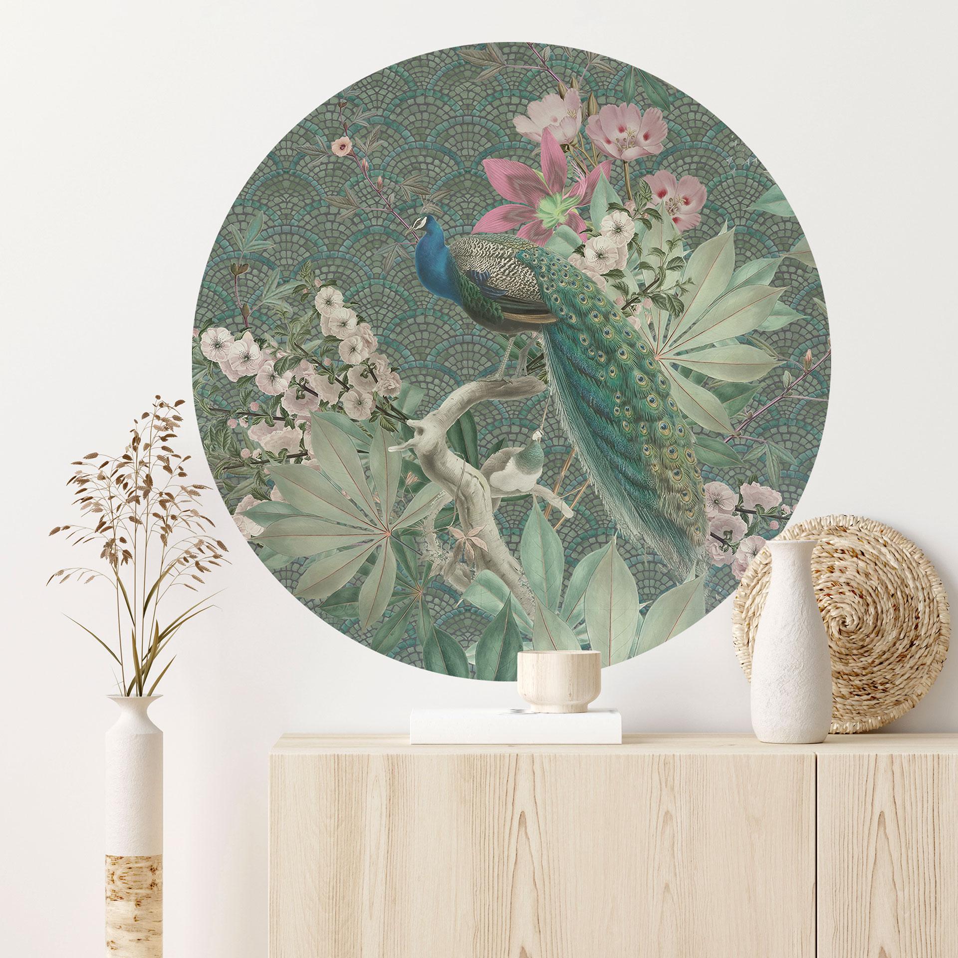 Påfugl i tropisk have Wallsticker på mosaik - Bloomery Decor - Round