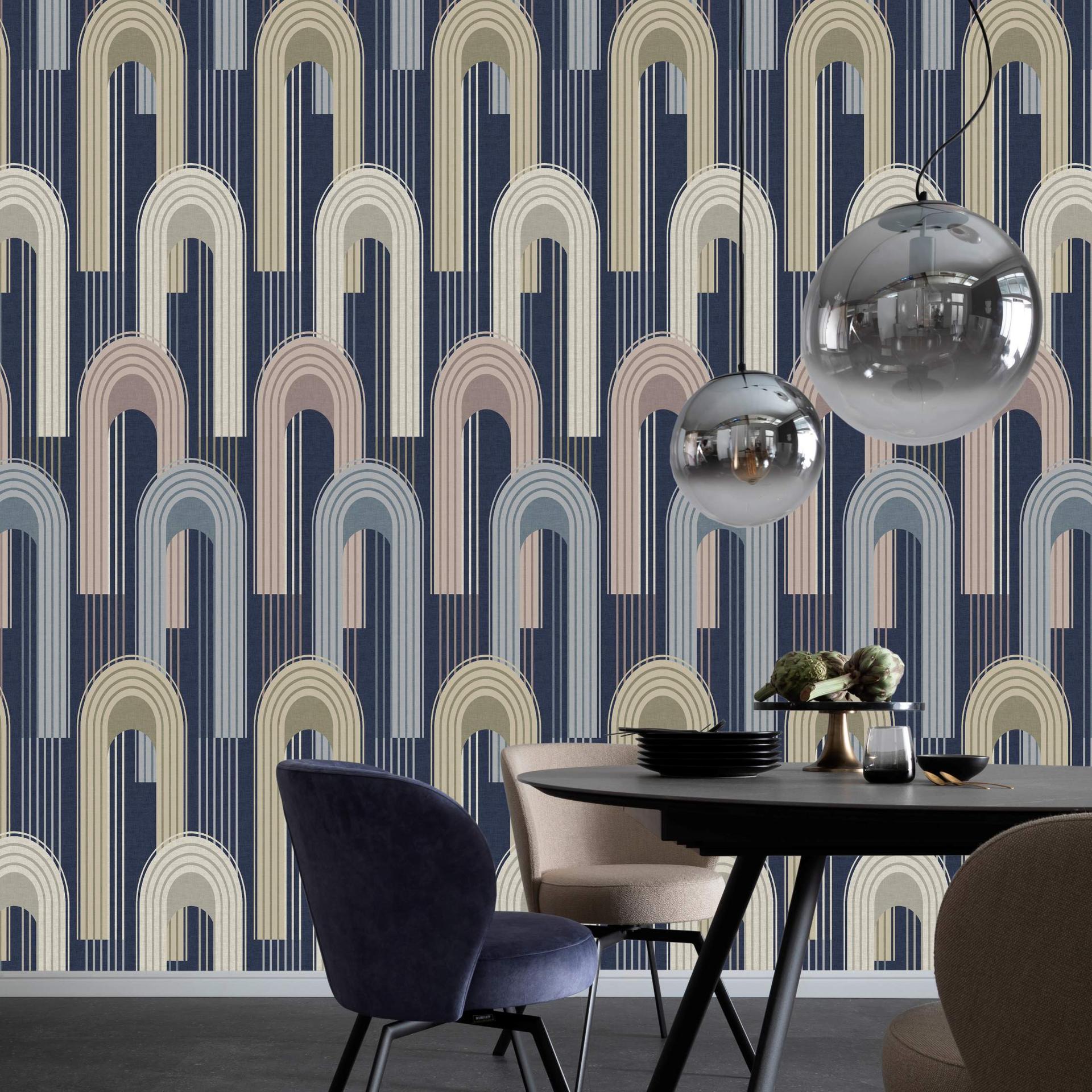 Vliesbehang met rondboogmotief in blauw, beige graphic