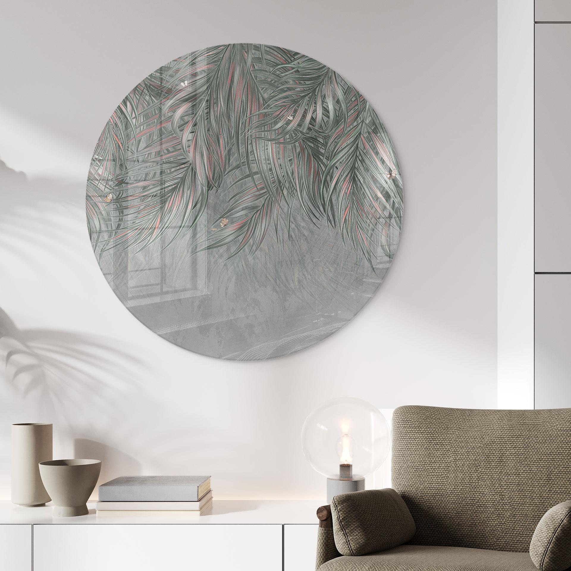 Glasschilderijen Exotische palmbladeren roze-groen - Ms Tiff - Rond