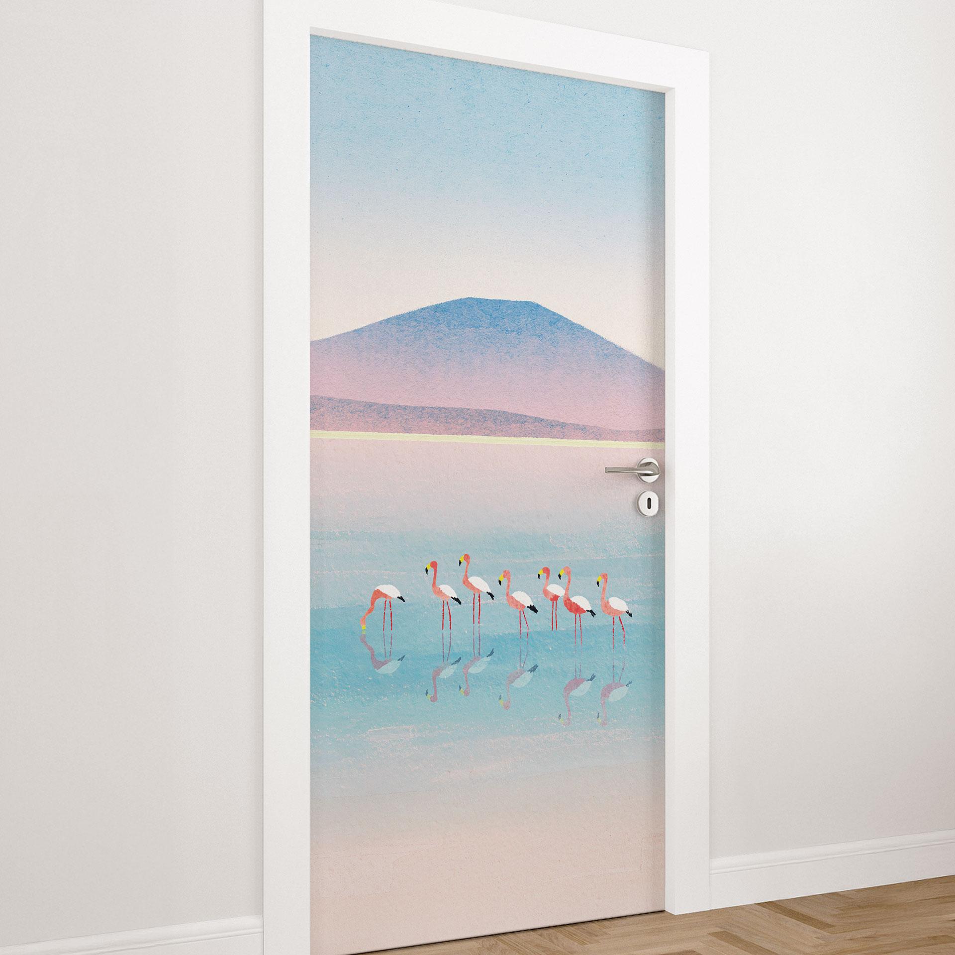 Film adhésif pour porte Lac aux couleurs pastel avec flamants roses - Rivers
