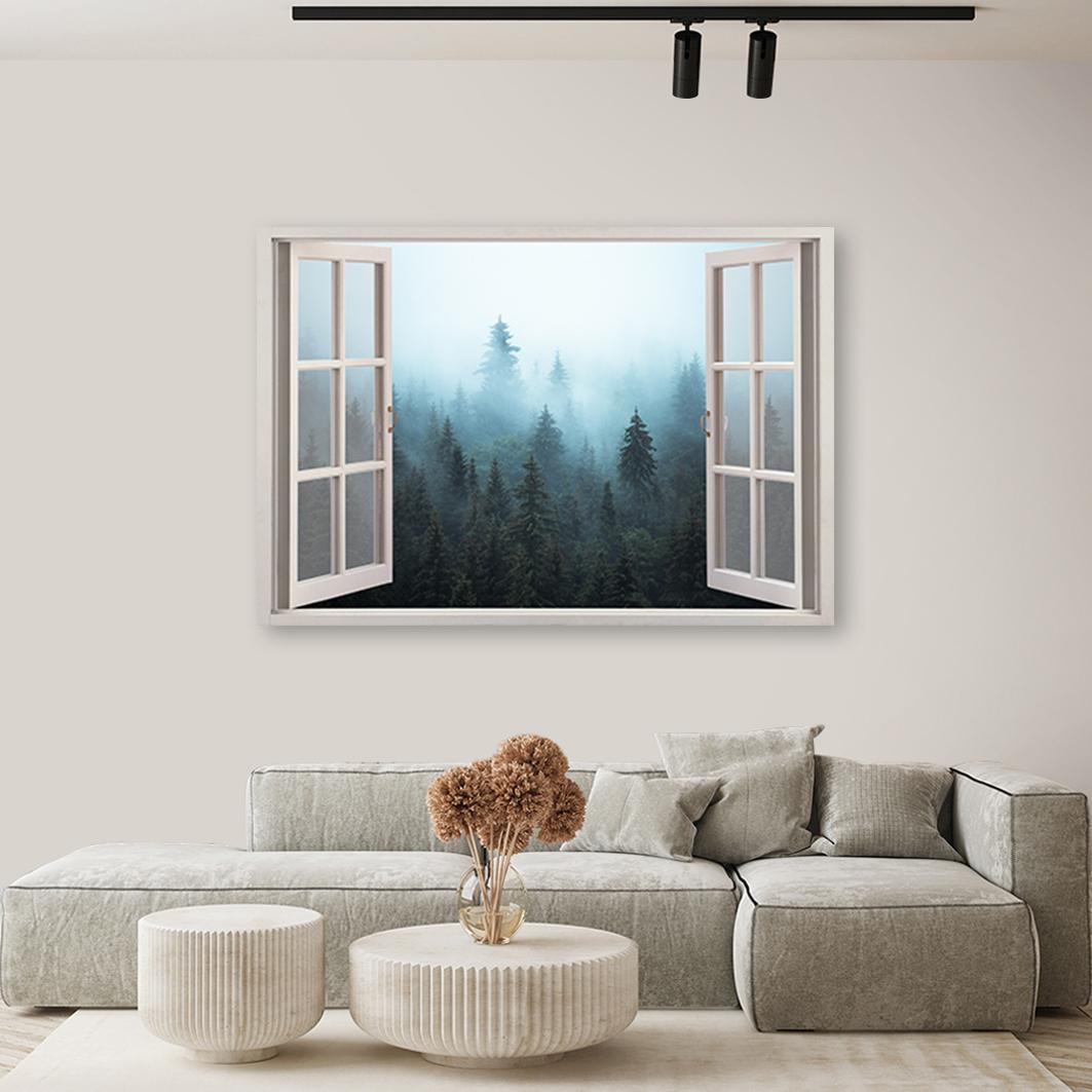 Canvasbillede, vinduesudsigt skov i tåge natur