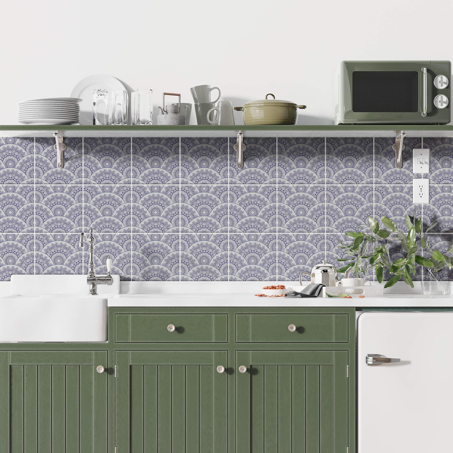 Azulejos Adhesivos Arcos geométricos con motivos florales en azul - lote de 12