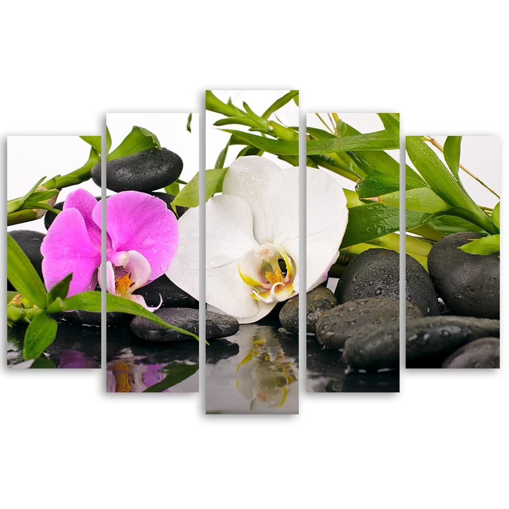 Wandbild 5-teilig, Zen Blumen Bambus Stein