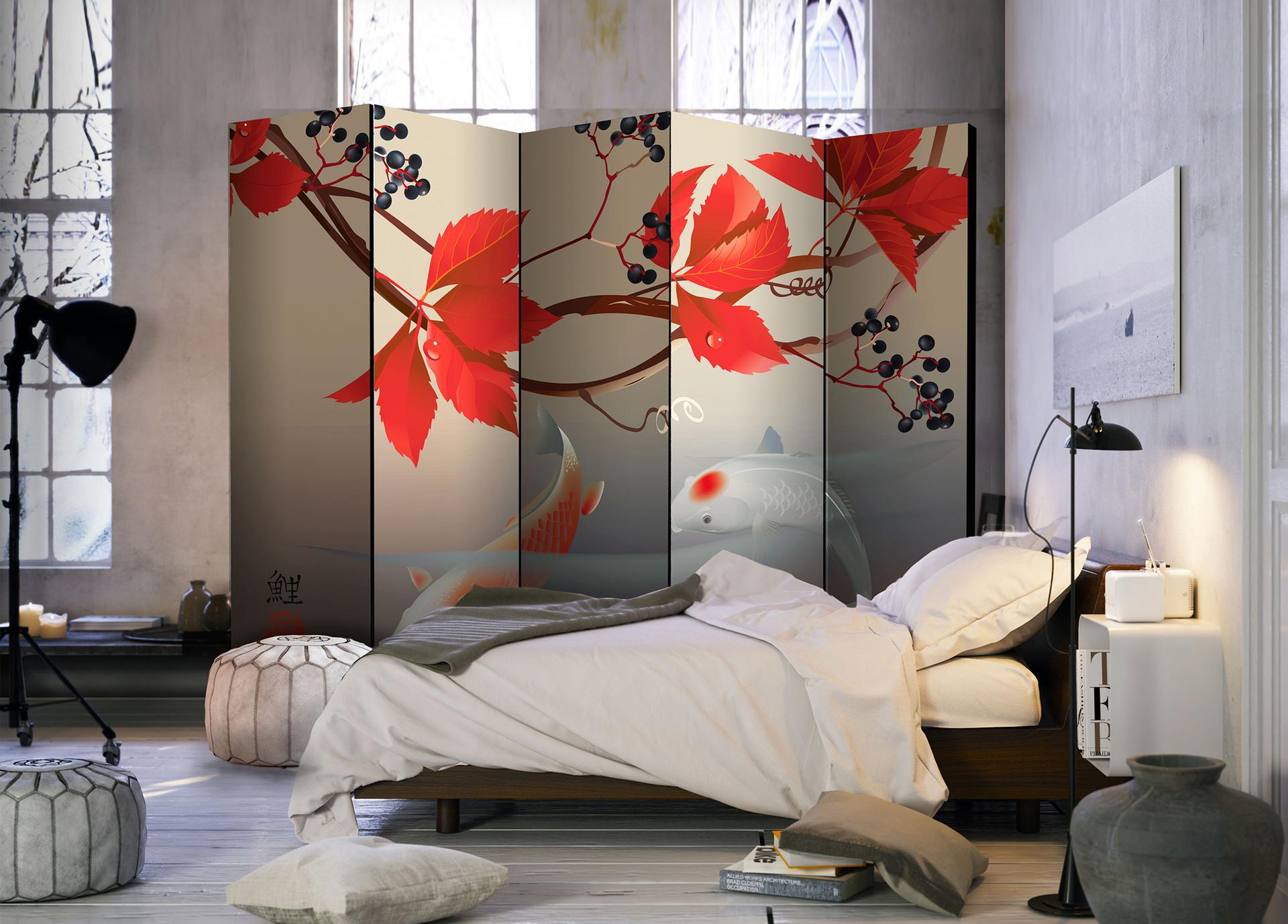 Schermo divisorio - Koi che danzano in giardino, 5 pezzi - 225x172 cm