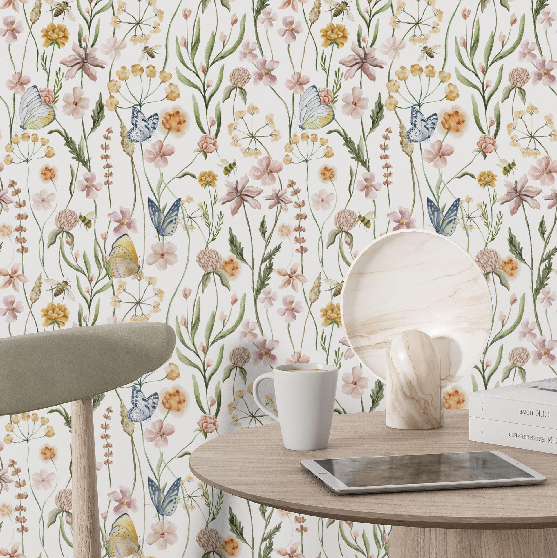 Carta da parati a motivi Prato di primavera con farfalle - UN Designs