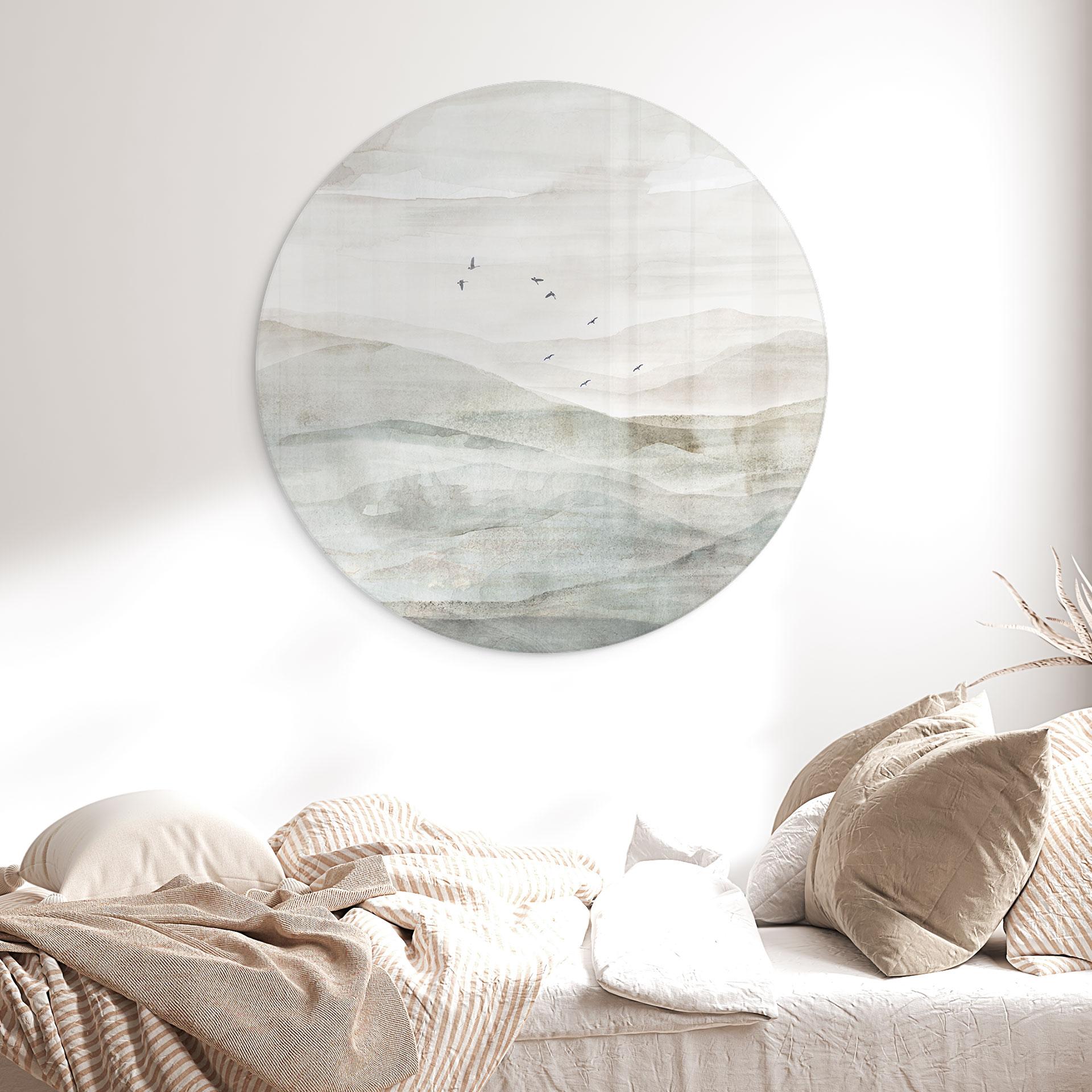 Glasschilderijen Mistig berglandschap aquarel - Ms Tiff - Rond