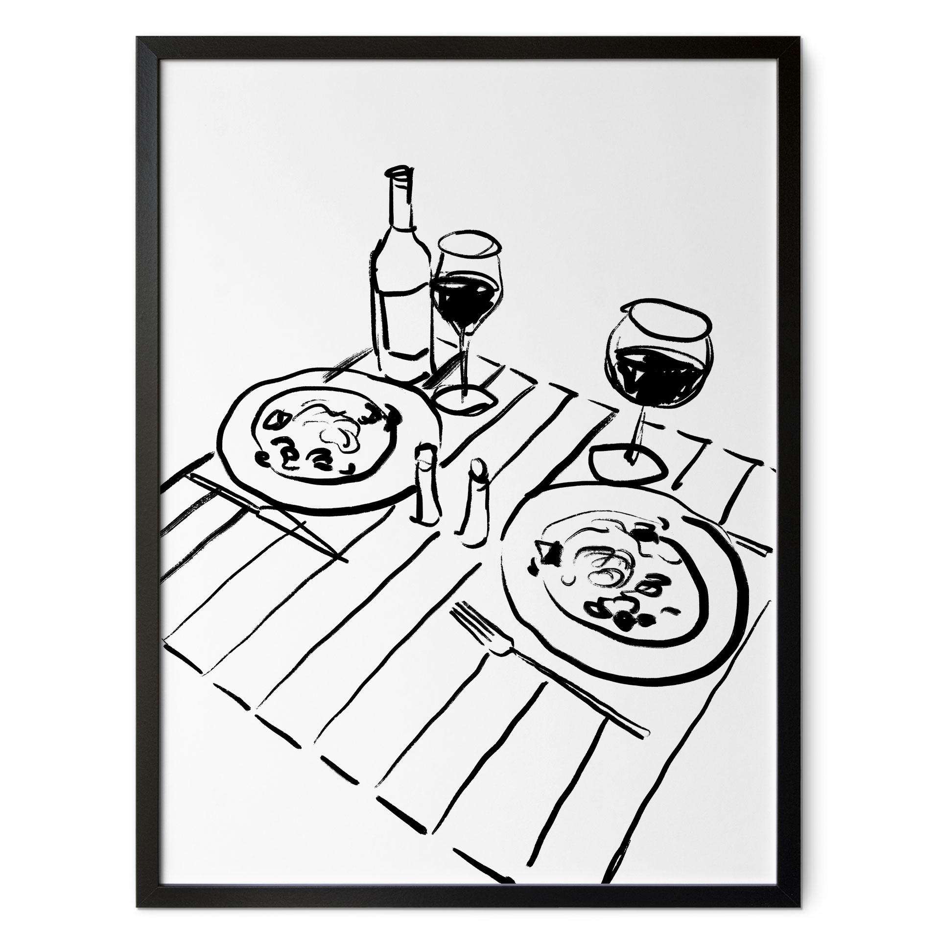 Plakat Stilleben middag med vin | Line Art - Treechild